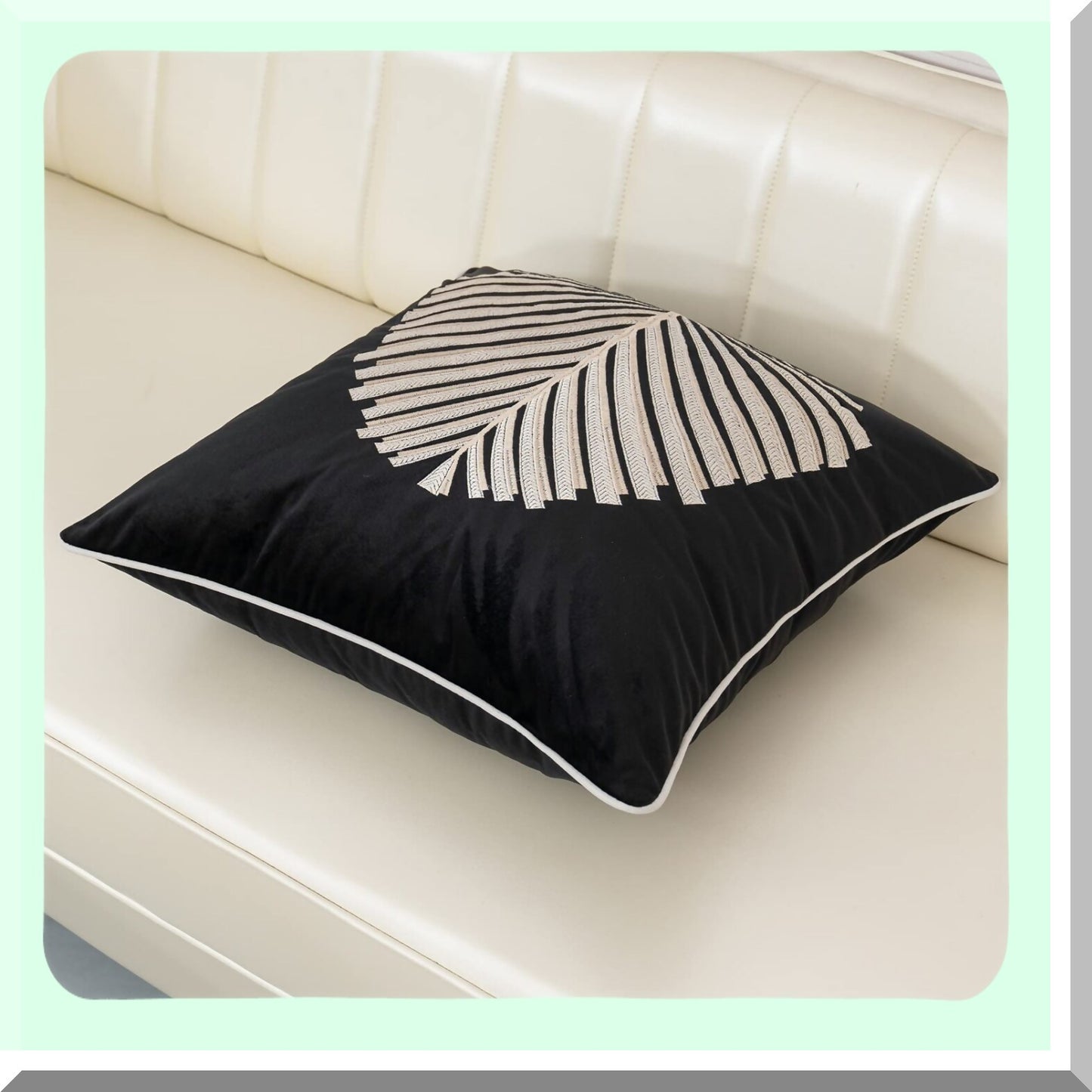 Luxury Embroidered Leaf Velvet Pillow Cover - Modern Decorative Cushion Case for Living Room & Bedroom - Black White Square Throw Pillowcase 18x18"