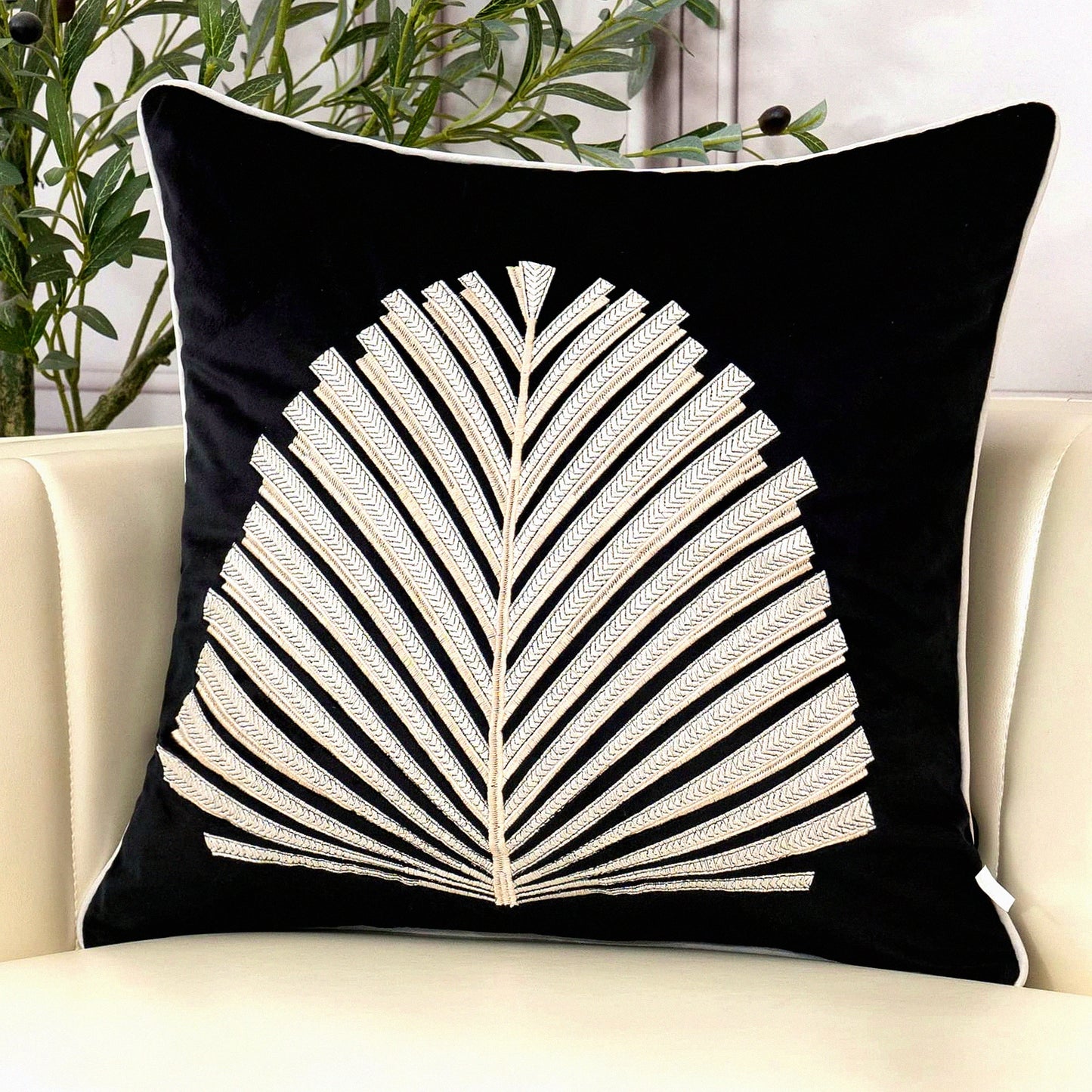 Luxury Embroidered Leaf Velvet Pillow Cover - Modern Decorative Cushion Case for Living Room & Bedroom - Black White Square Throw Pillowcase 18x18"