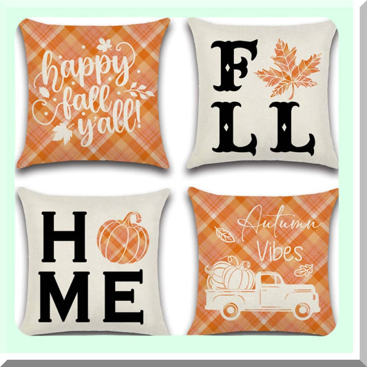 Autumn Harvest Pillow Set - Maple Leaf Pumpkin Decorative Throw Pillows - Farmhouse Thanksgiving Cushion Covers - Fall Home Decor 18x18 Set of 4