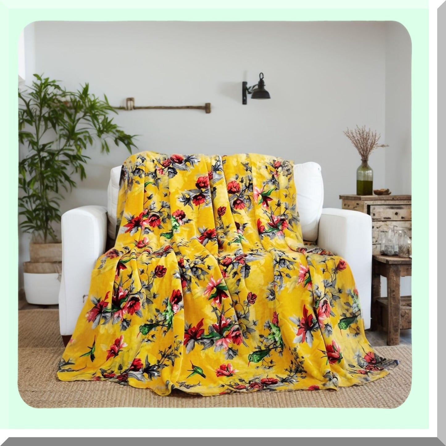 Vibrant Tropical Hummingbird Fleece Throw - Sunny Yellow, Super Soft Mink, Cozy & Lightweight, 50" x 60""