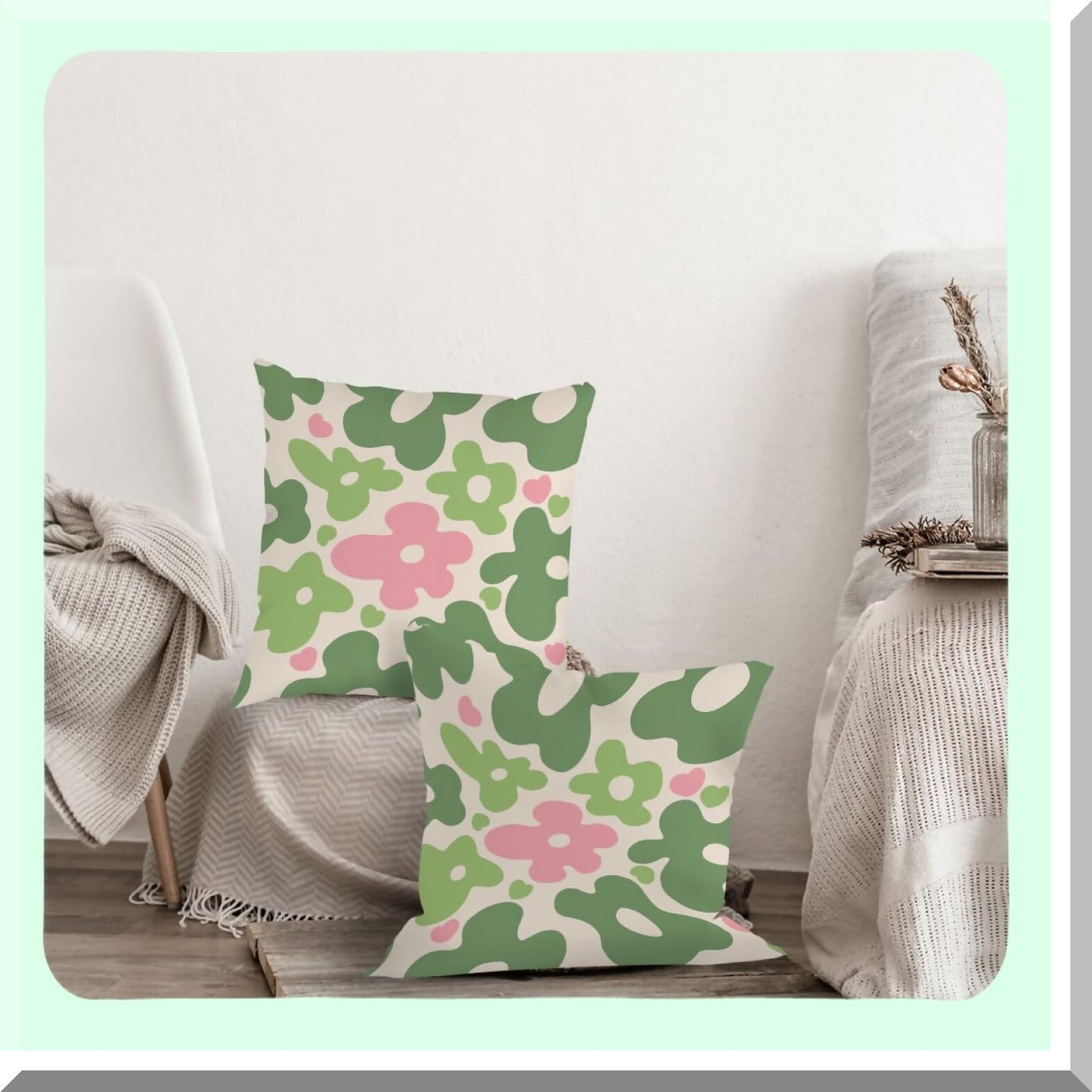 Pastel Floral Bliss Throw Pillow Covers - Set of 2, Sage Green Pink Retro 70s Flower Cases for Home Bedroom Living Room Office Decor, Ideal Gifts for Women Girls who Love Flowers