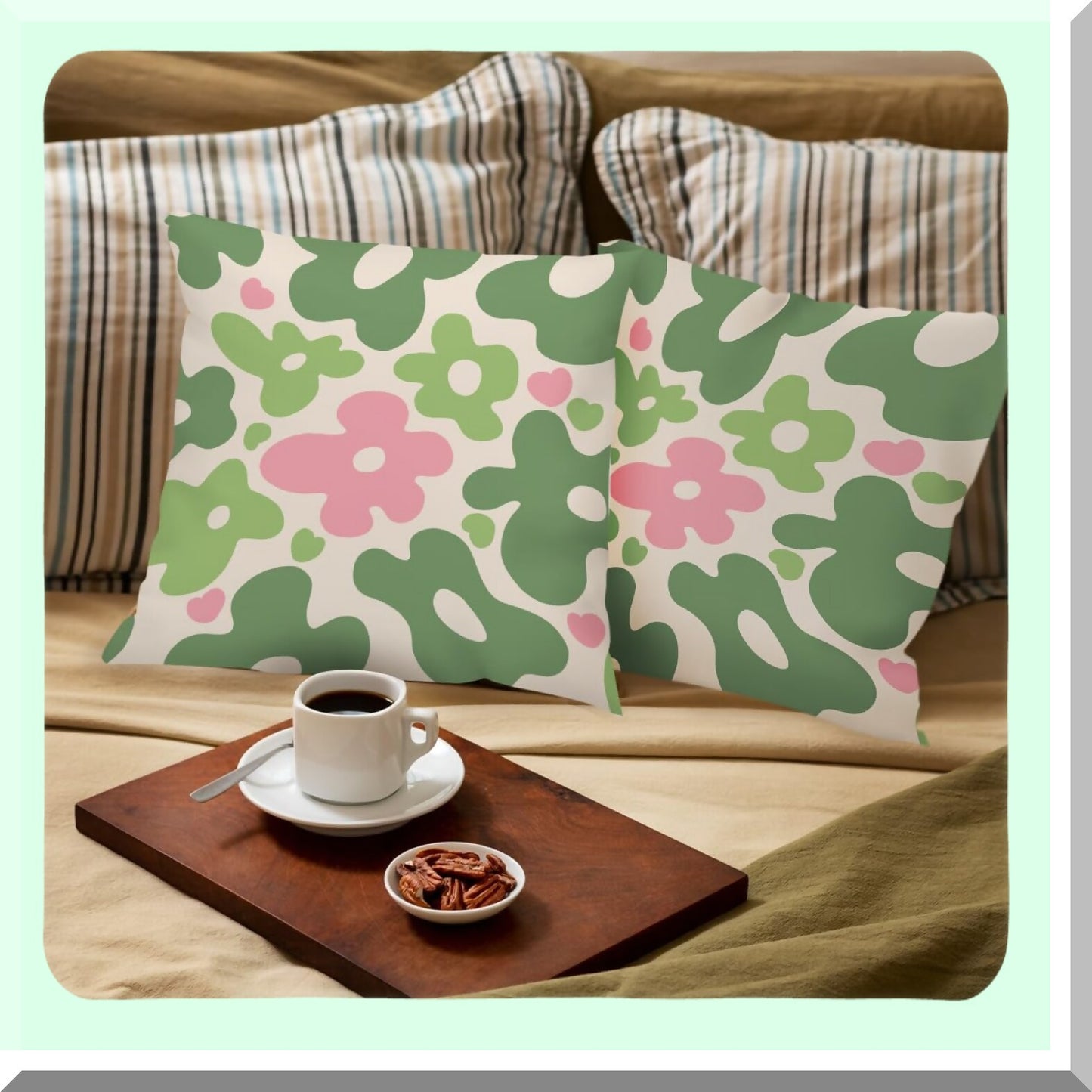 Pastel Floral Bliss Throw Pillow Covers - Set of 2, Sage Green Pink Retro 70s Flower Cases for Home Bedroom Living Room Office Decor, Ideal Gifts for Women Girls who Love Flowers