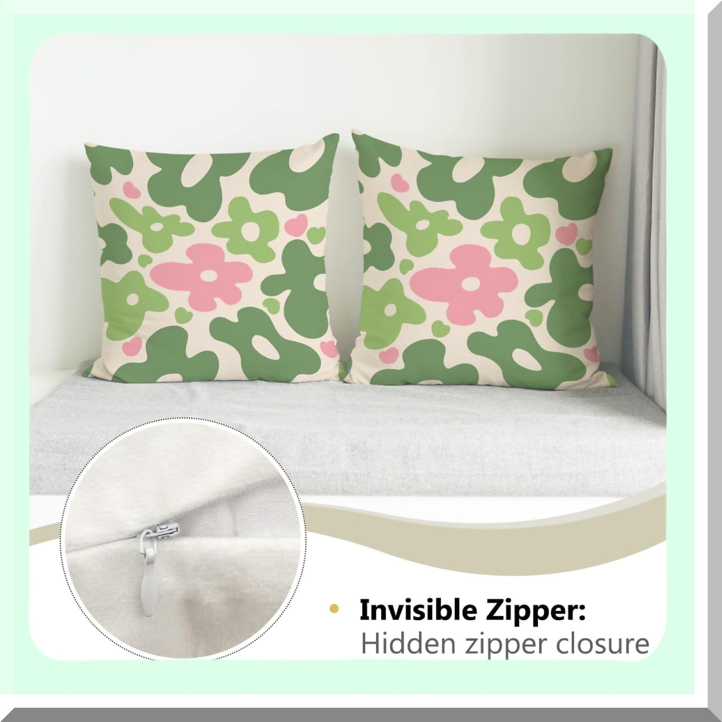 Pastel Floral Bliss Throw Pillow Covers - Set of 2, Sage Green Pink Retro 70s Flower Cases for Home Bedroom Living Room Office Decor, Ideal Gifts for Women Girls who Love Flowers