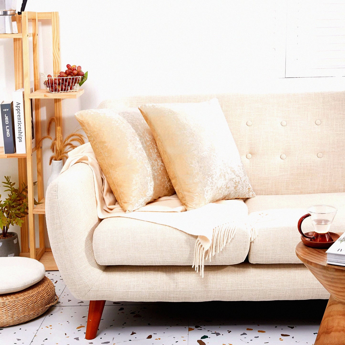 Velvet Soft Beige Square Pillow Covers - Set of 2 | Decorative Cushion Cases for Couch, Sofa, Bedroom, Car | 20x20 Inch Size | Solid Color