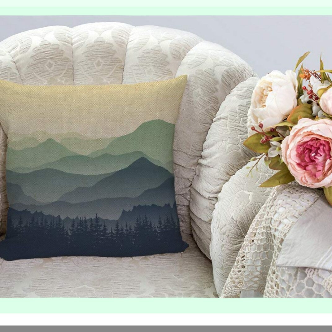 Misty Mountain Greenery Linen Sofa Pillow Cover - 18" x 18" Decorative Cushion Case for Home Decor and Couch - Foggy Mountain Theme