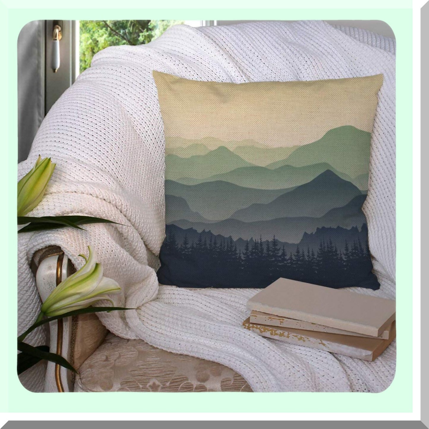 Misty Mountain Greenery Linen Sofa Pillow Cover - 18" x 18" Decorative Cushion Case for Home Decor and Couch - Foggy Mountain Theme