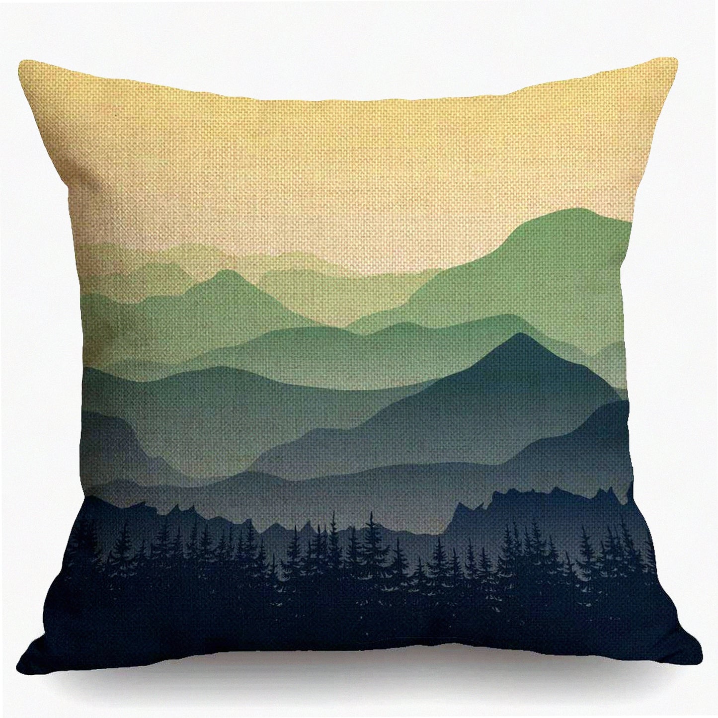 Misty Mountain Greenery Linen Sofa Pillow Cover - 18" x 18" Decorative Cushion Case for Home Decor and Couch - Foggy Mountain Theme