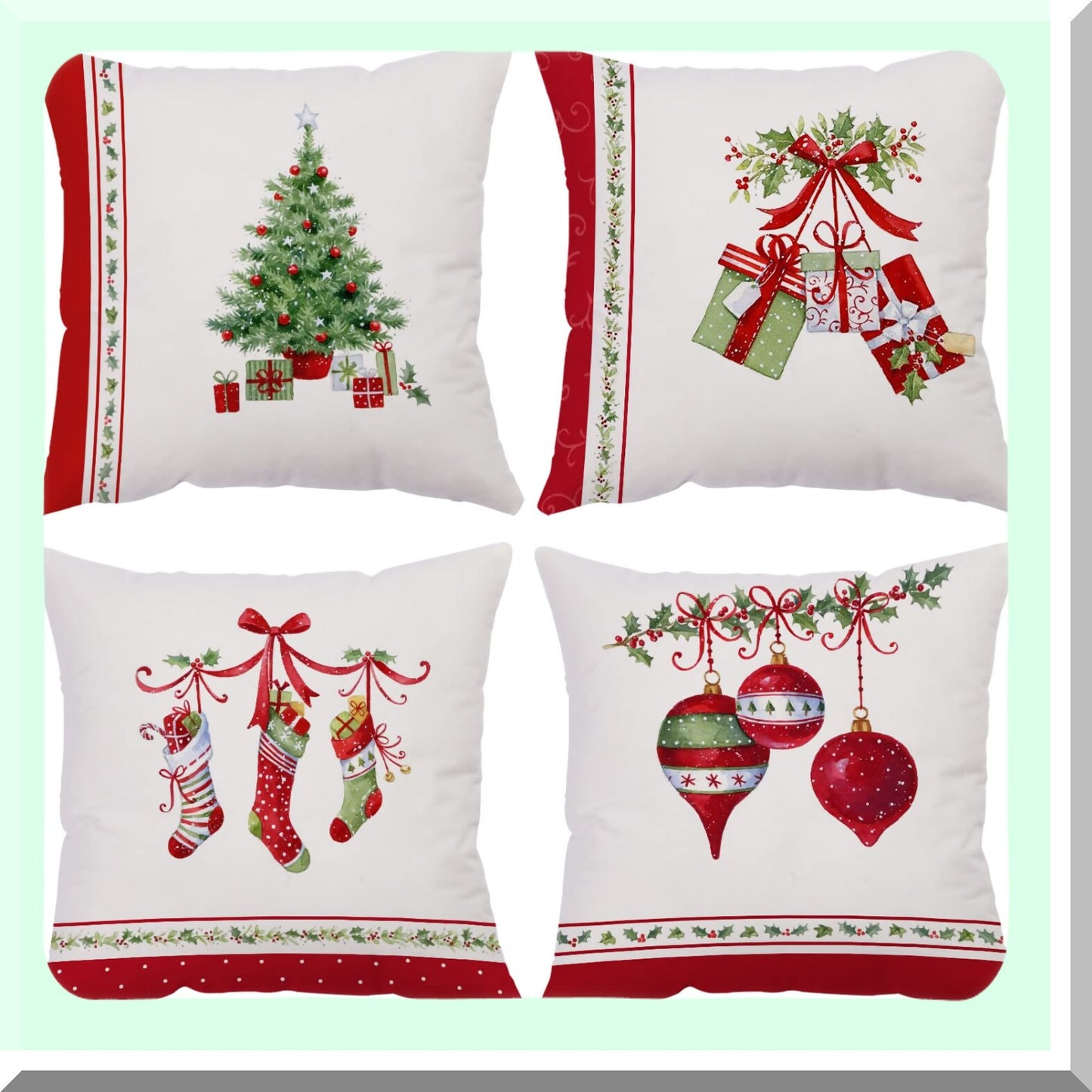 Winter Wonderland Velvet Pillow Covers - Set of 4 | Christmas Tree & Stocking Cushion Cases | Festive Holiday Decor for Outdoor Sofa & Home - 18x18 Inch