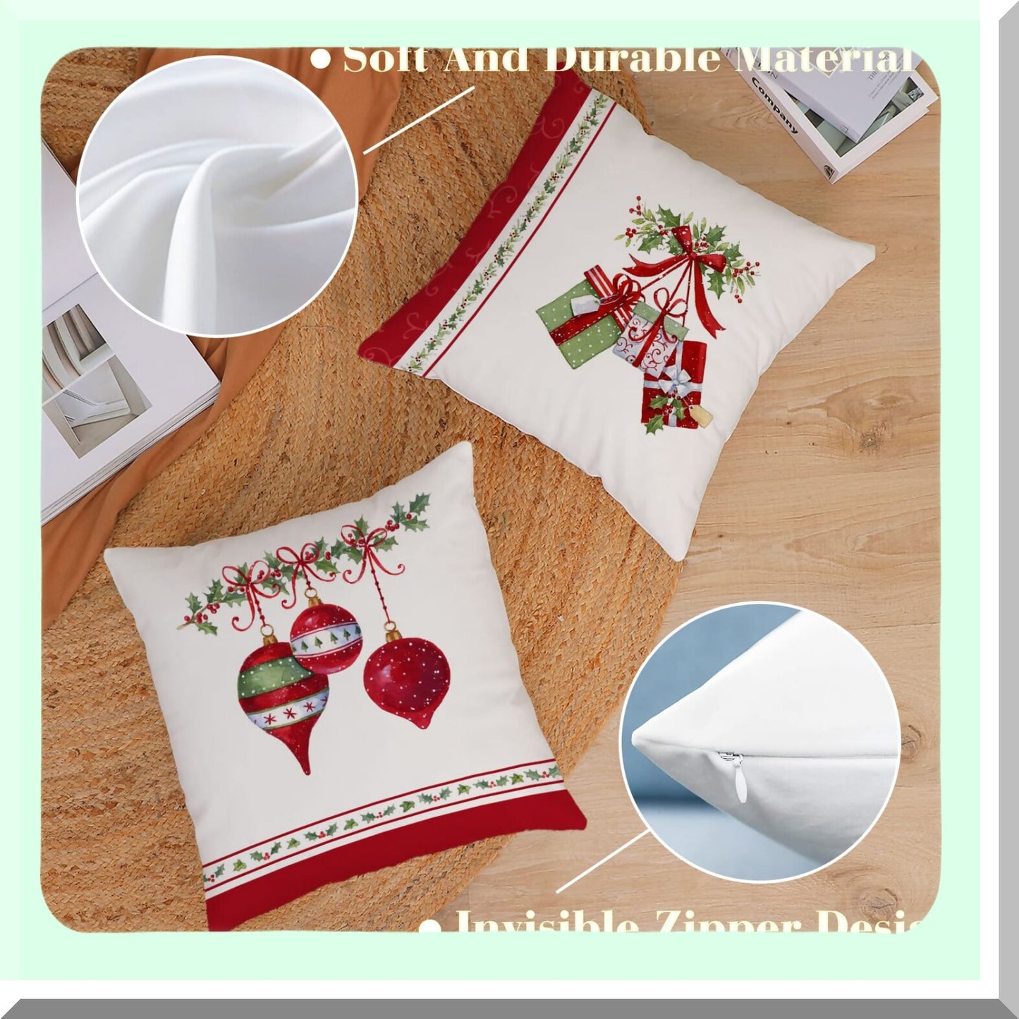 Winter Wonderland Velvet Pillow Covers - Set of 4 | Christmas Tree & Stocking Cushion Cases | Festive Holiday Decor for Outdoor Sofa & Home - 18x18 Inch