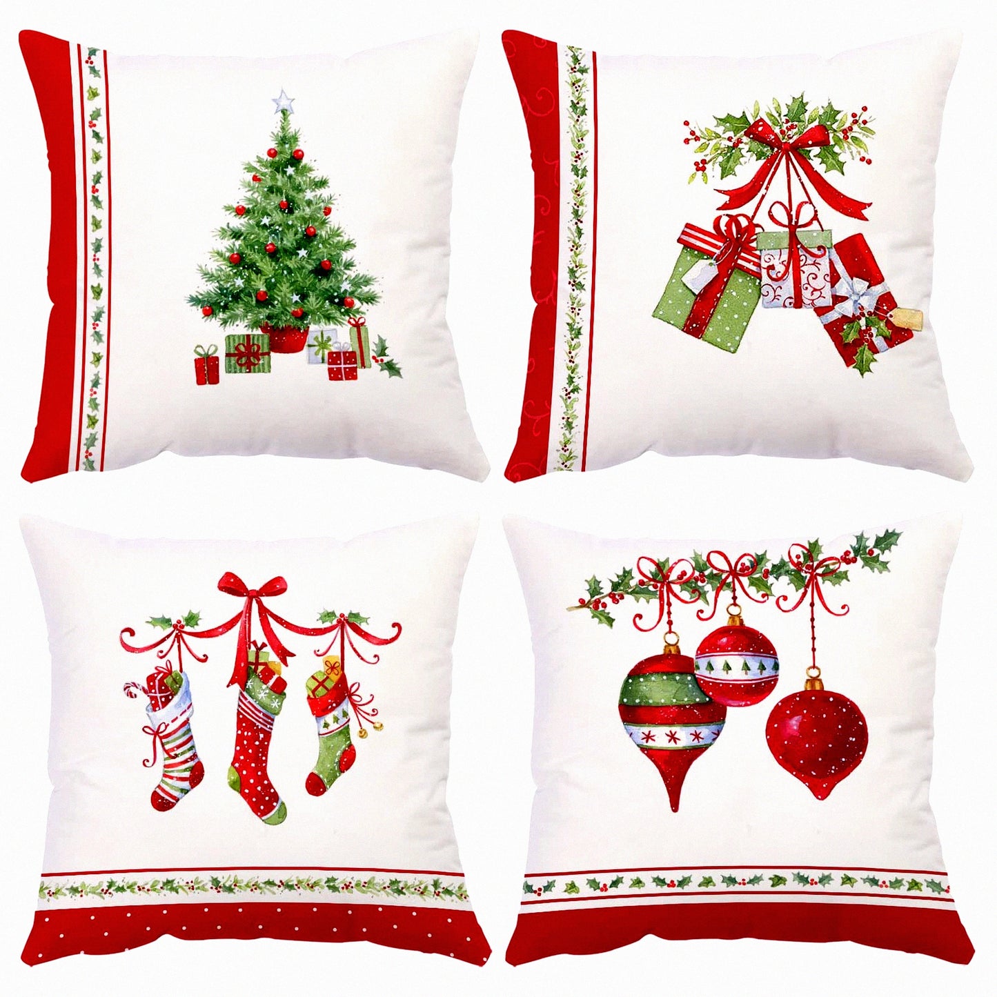 Winter Wonderland Velvet Pillow Covers - Set of 4 | Christmas Tree & Stocking Cushion Cases | Festive Holiday Decor for Outdoor Sofa & Home - 18x18 Inch