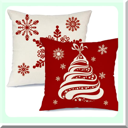 Winter Wonderland Pillow Covers - Set of 2, Christmas Tree Decorative Throw Pillows, Snowflakes Pillow Cases, Red & White Cushion Covers for Couch Sofa.