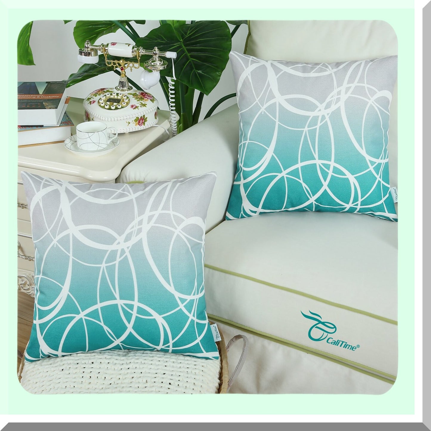 Gradient Ombre Circle Rings Pillow Covers - Set of 2 Soft Canvas Cases for Couch Sofa Home Decor, Modern Design, 18 X 18 Inches, Gray Teal