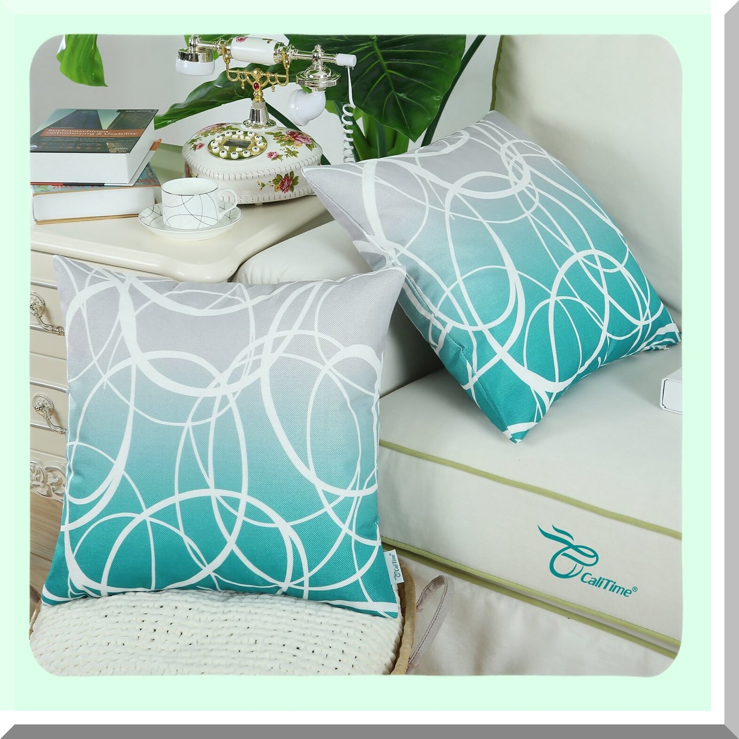 Gradient Ombre Circle Rings Pillow Covers - Set of 2 Soft Canvas Cases for Couch Sofa Home Decor, Modern Design, 18 X 18 Inches, Gray Teal