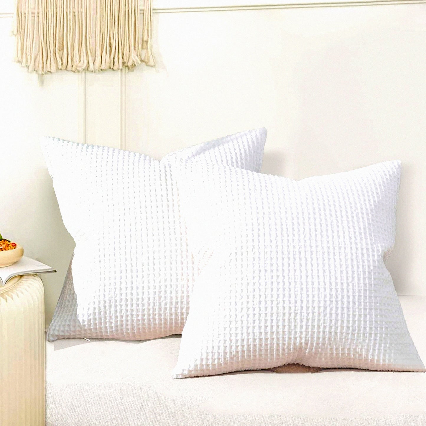 Luxury Cotton Waffle Euro Shams - Set of 2 White Decorative Pillow Covers for Bed and Sofa - 26x26 Inch Square Cushion Cases - Elegant Home Decor Accents