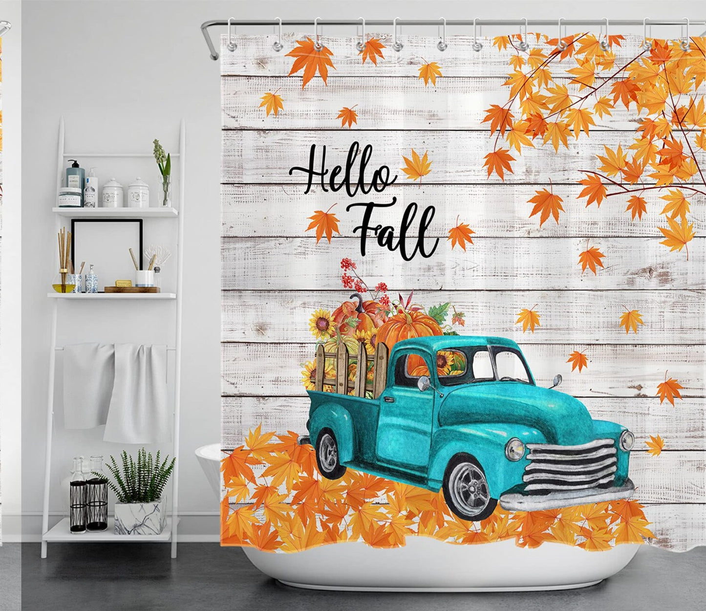 Hello Fall Blue Truck Pumpkin Sunflower Shower Curtain 72x72 inch