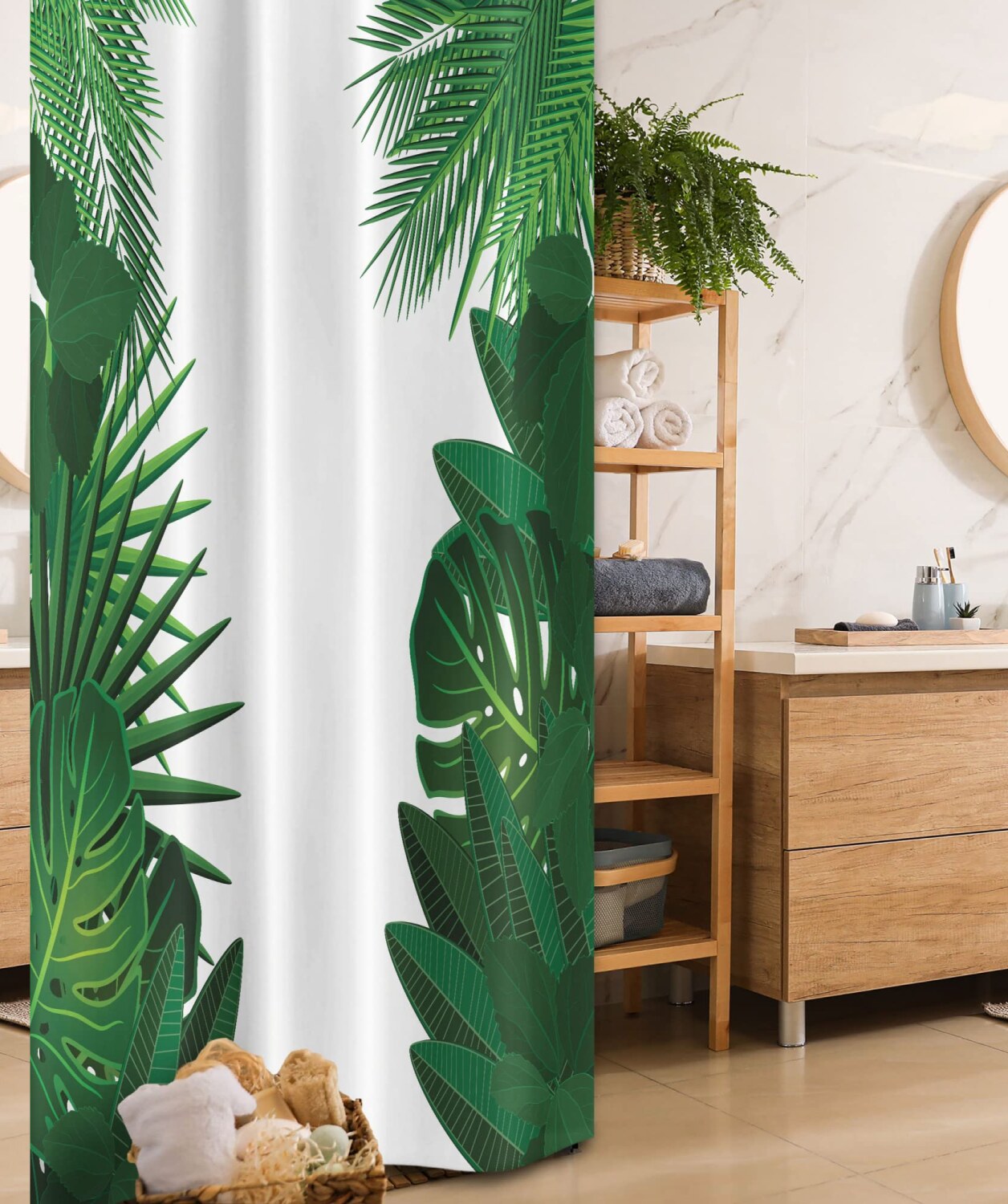 Leaf Stall Shower Curtain 36x72 Green White Tropical Palm Leaves