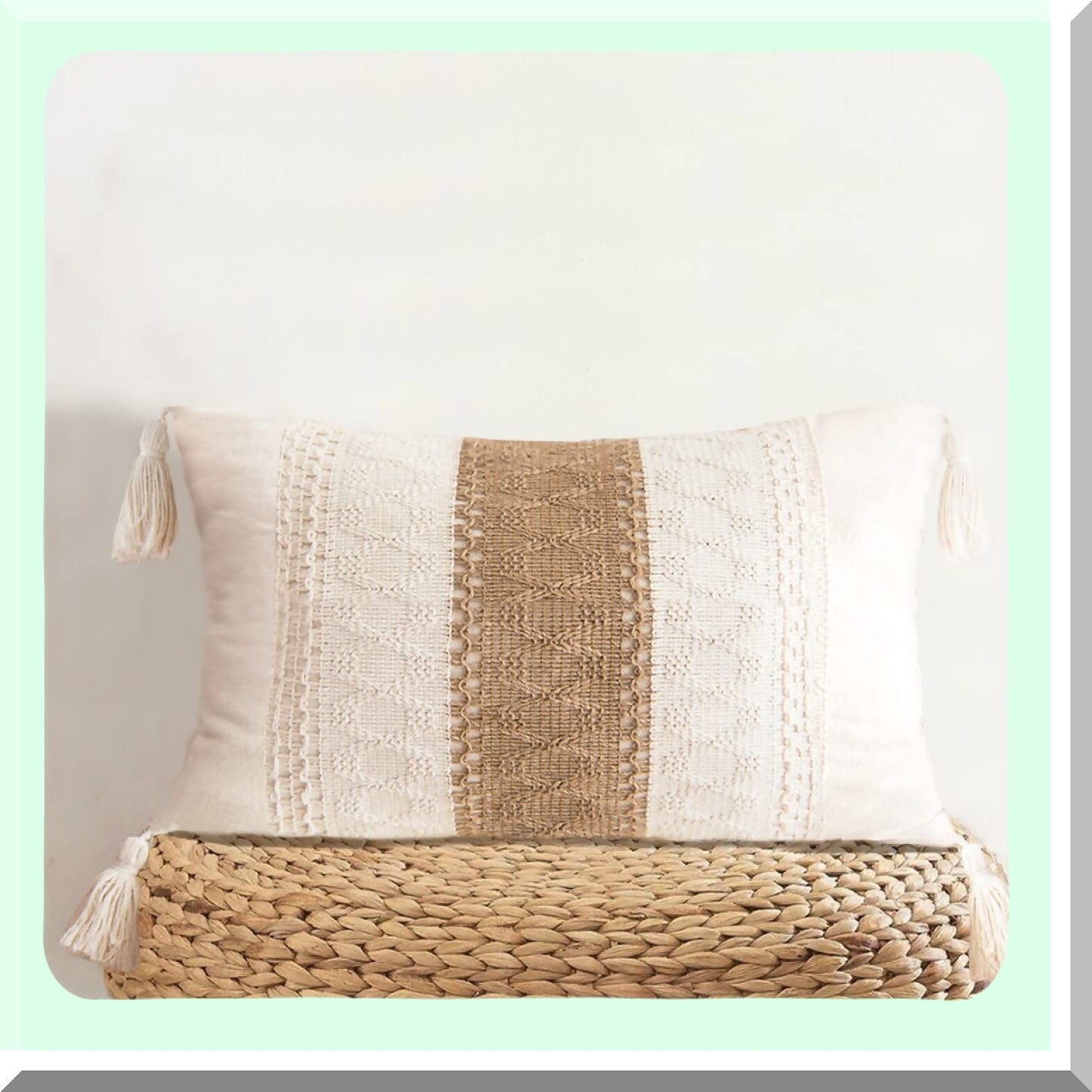 Boho Farmhouse Lumbar Stripe Pillow Cover - Neutral Beige 12x20 Inch Decorative Cushion for Couch Sofa with Tels - Living Room Accent Décor