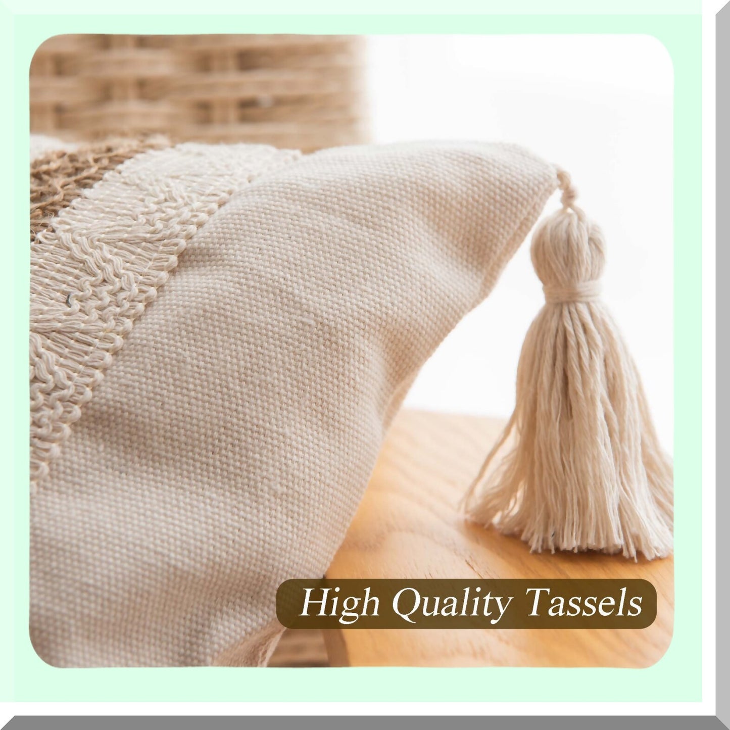 Boho Farmhouse Lumbar Stripe Pillow Cover - Neutral Beige 12x20 Inch Decorative Cushion for Couch Sofa with Tels - Living Room Accent Décor