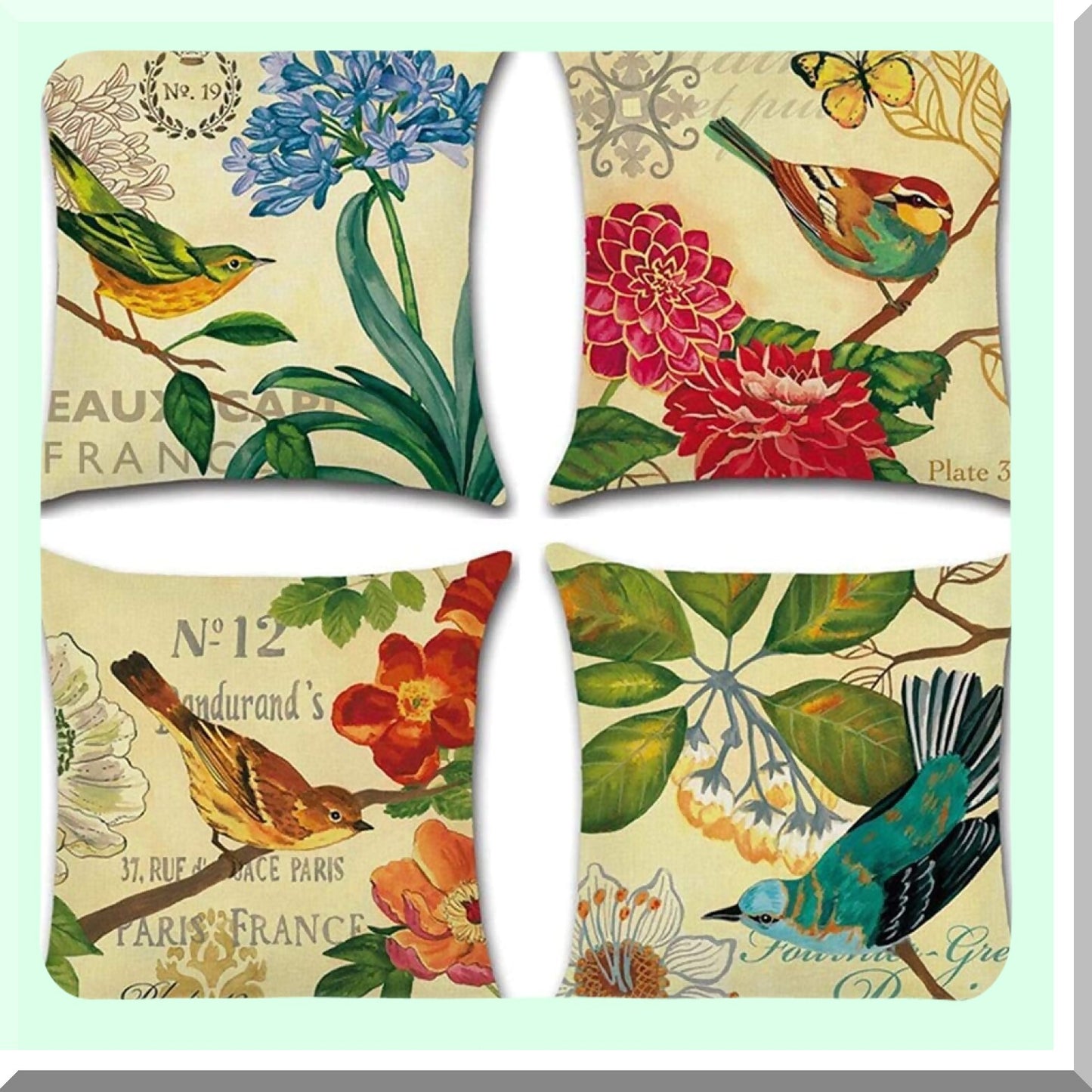 Spring Bird Linen Pillow Covers - Set of 4 Vintage Flower Pattern Decorative Cushion Cases 18x18 Inch, Multicolor Home Decor