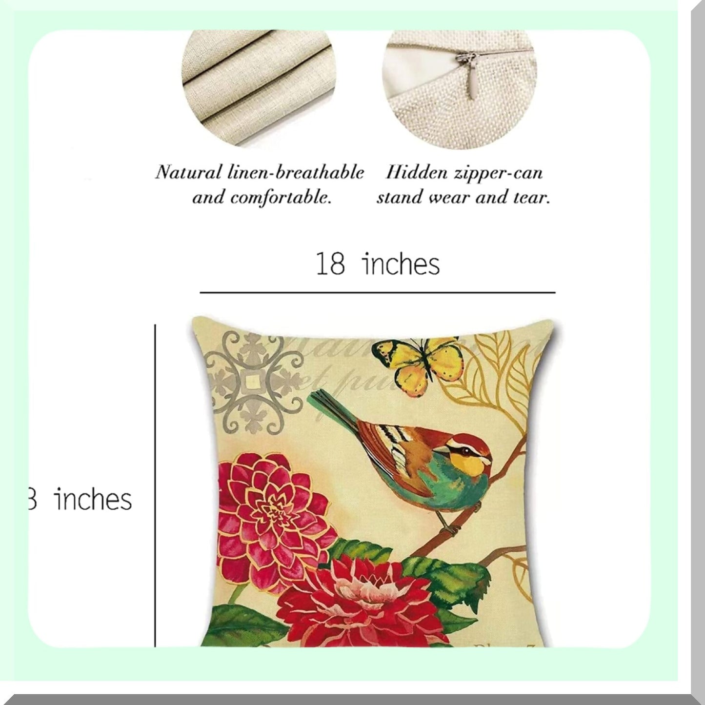Spring Bird Linen Pillow Covers - Set of 4 Vintage Flower Pattern Decorative Cushion Cases 18x18 Inch, Multicolor Home Decor