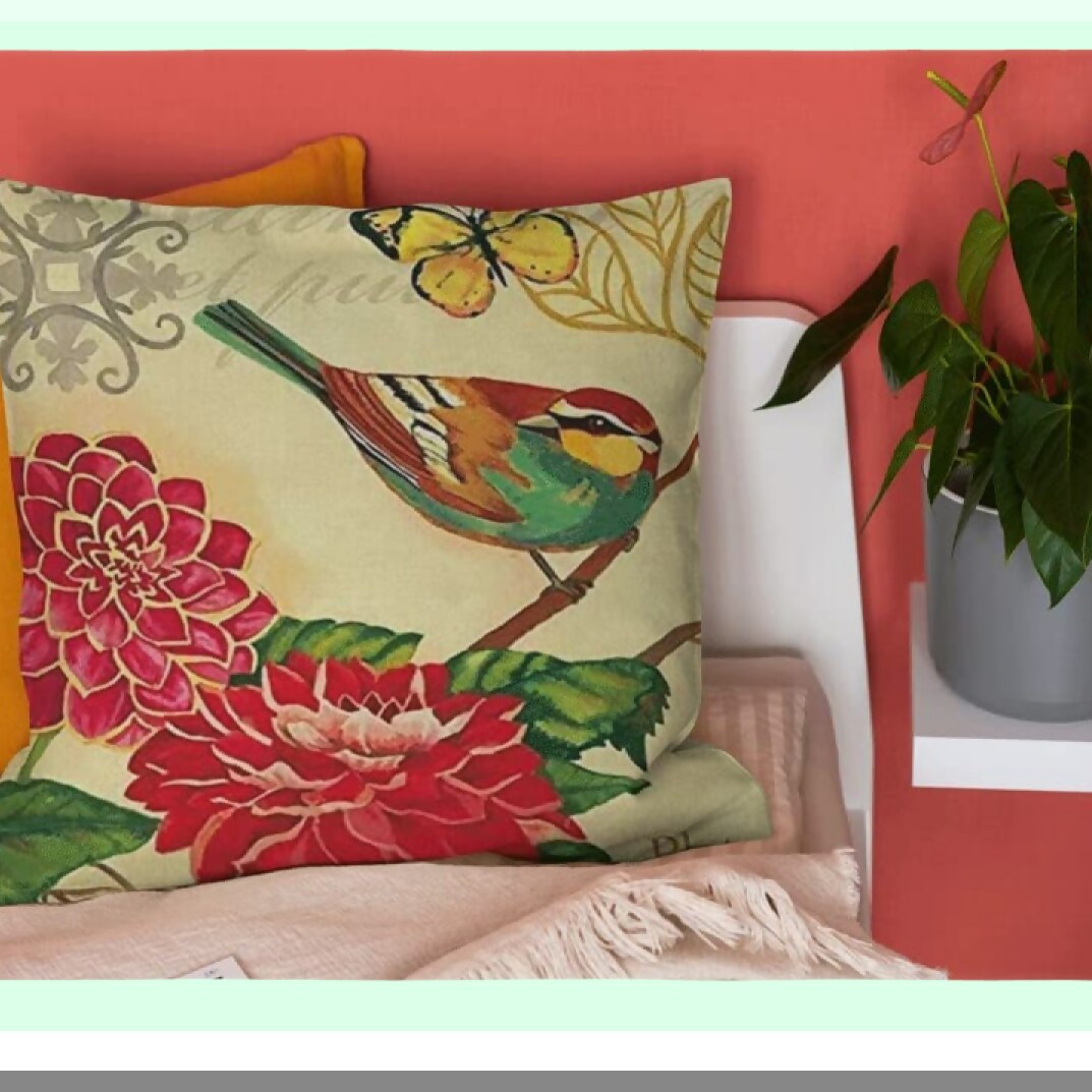 Spring Bird Linen Pillow Covers - Set of 4 Vintage Flower Pattern Decorative Cushion Cases 18x18 Inch, Multicolor Home Decor