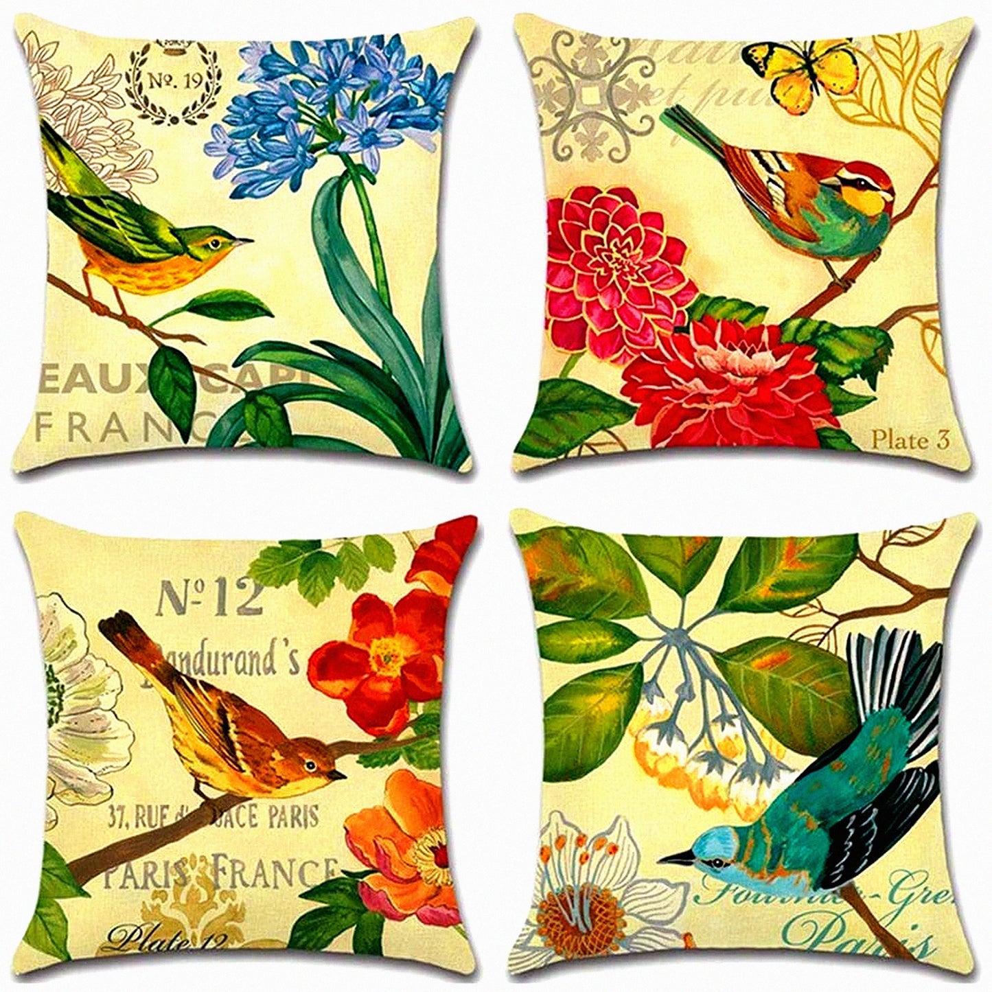 Spring Bird Linen Pillow Covers - Set of 4 Vintage Flower Pattern Decorative Cushion Cases 18x18 Inch, Multicolor Home Decor