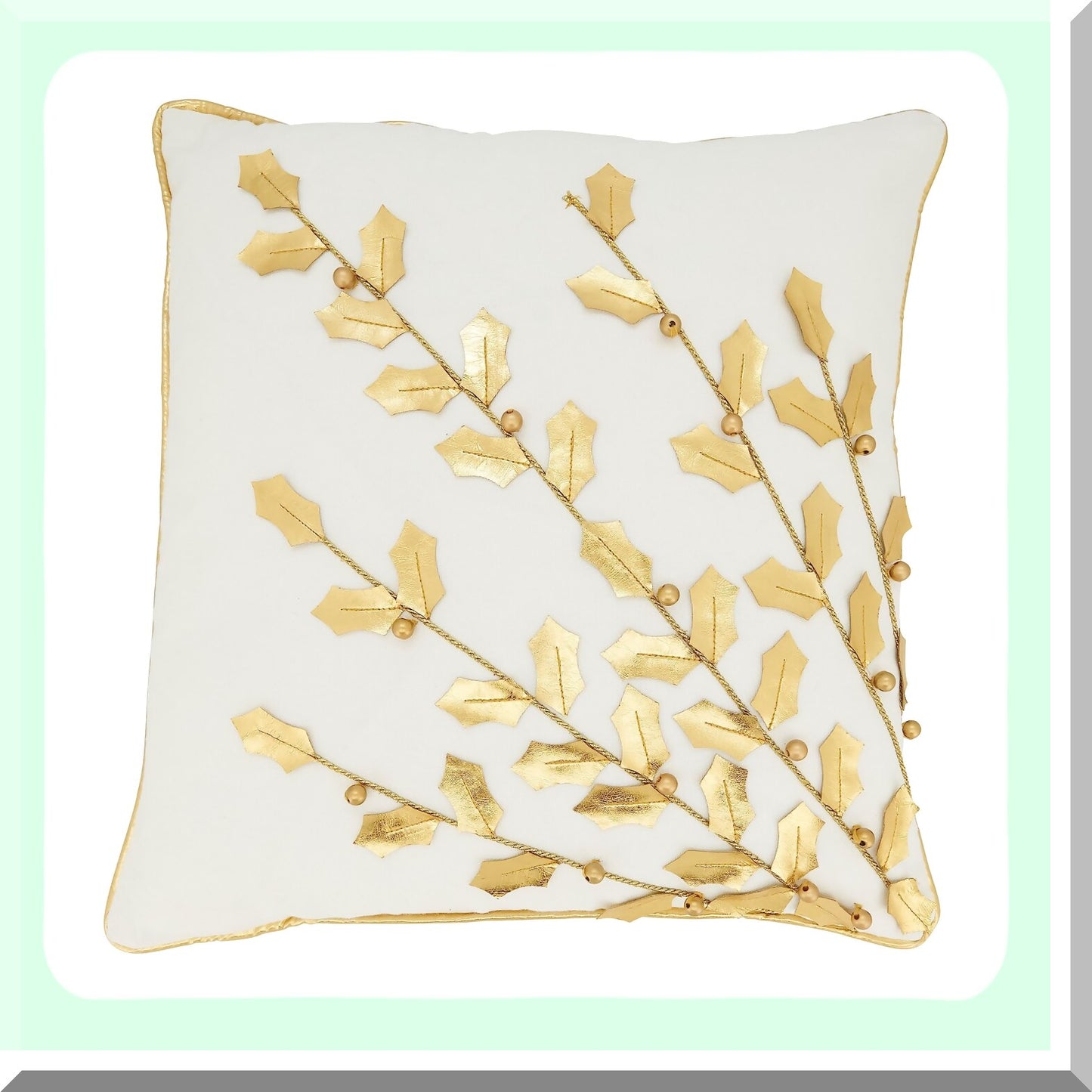 Golden Poinsettia Holiday Throw Pillow - Festive Metallic Branch Design - Cotton Poly Filled - 18 Inch - Decorative Gold Accent Pillows