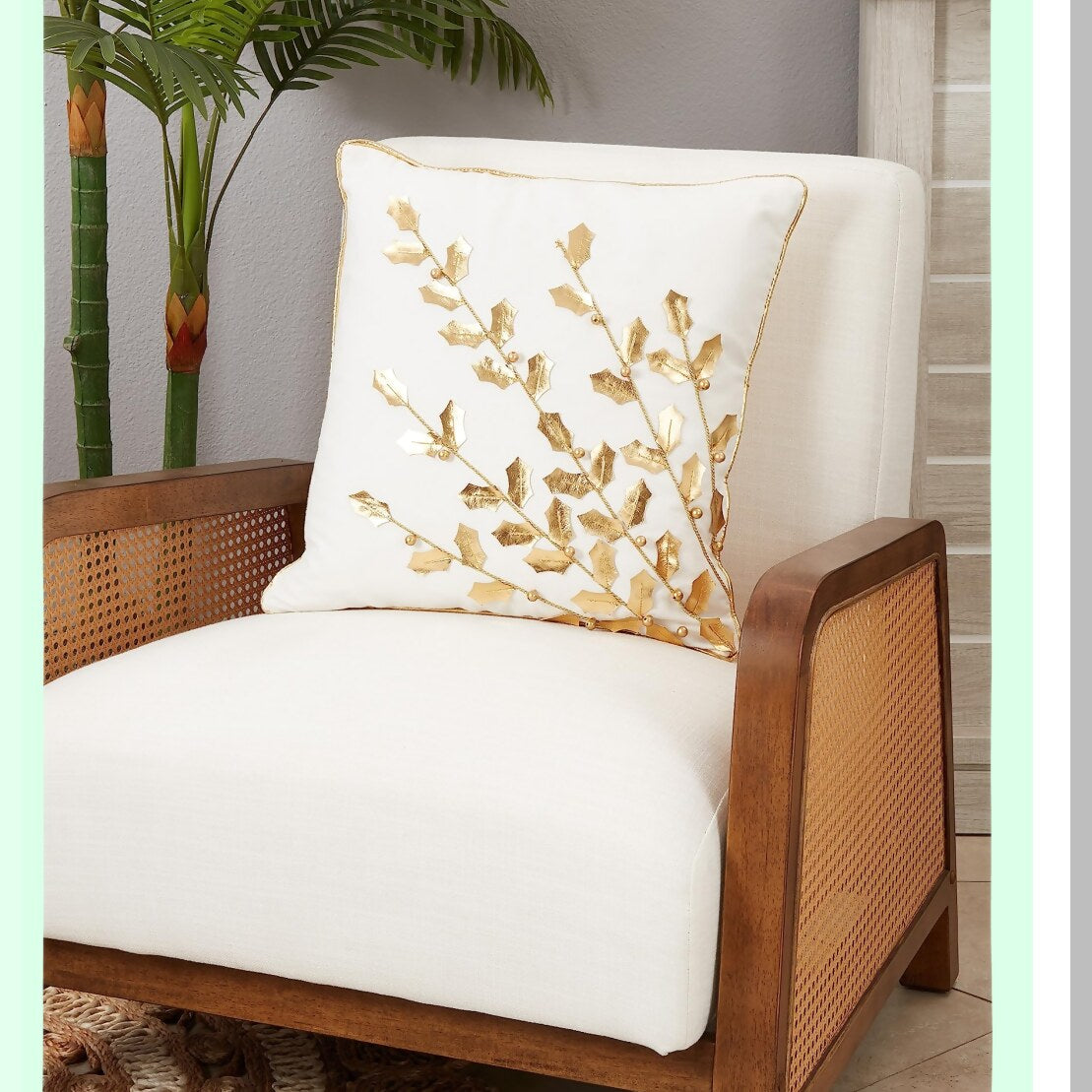 Golden Poinsettia Holiday Throw Pillow - Festive Metallic Branch Design - Cotton Poly Filled - 18 Inch - Decorative Gold Accent Pillows