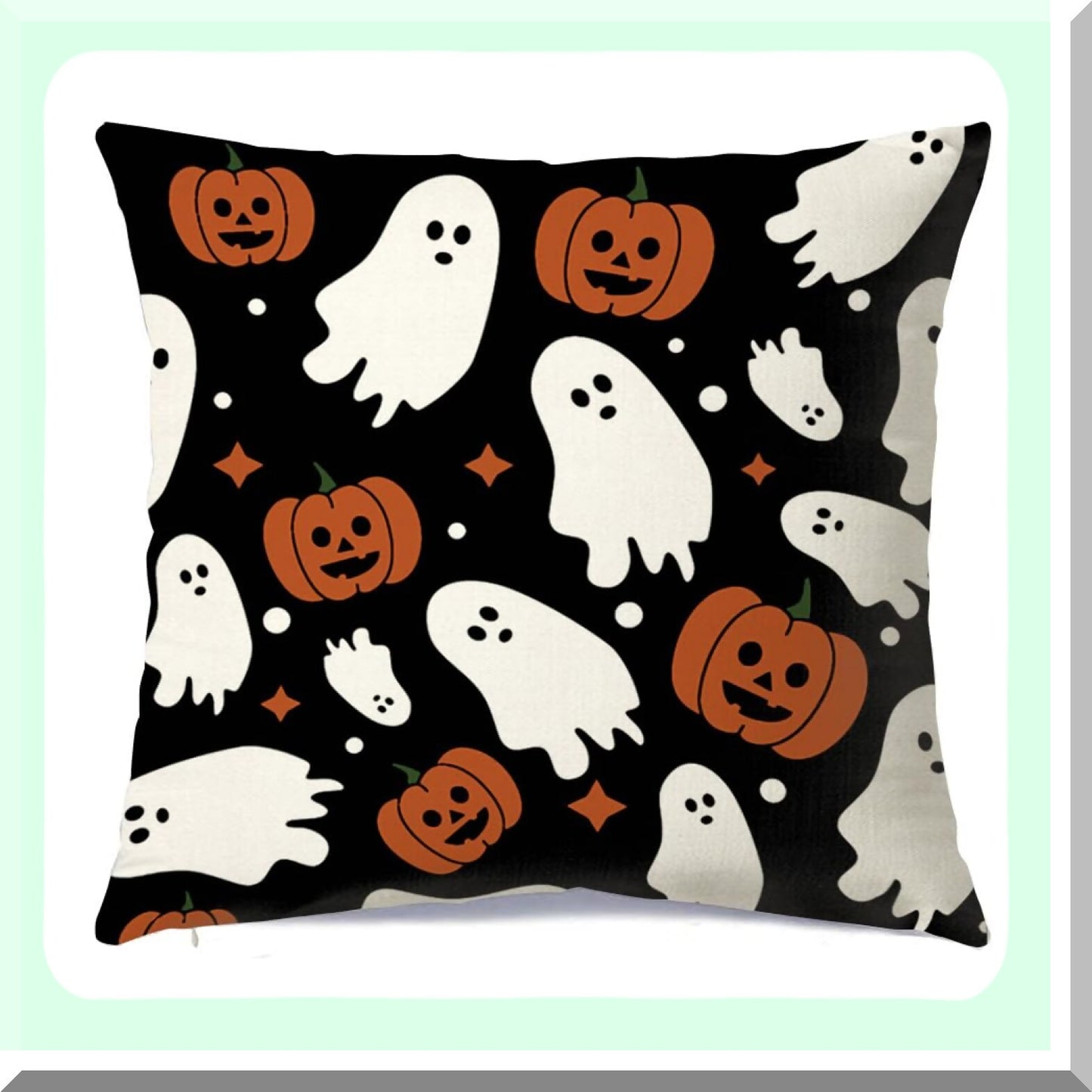 Spooky Harvest Linen Pillowcase - Halloween Farmhouse Throw Pillow Cover 18x18 Inch for Indoor Outdoor Home Sofa Decor - Ghost Pumpkins Couch Cushion Case