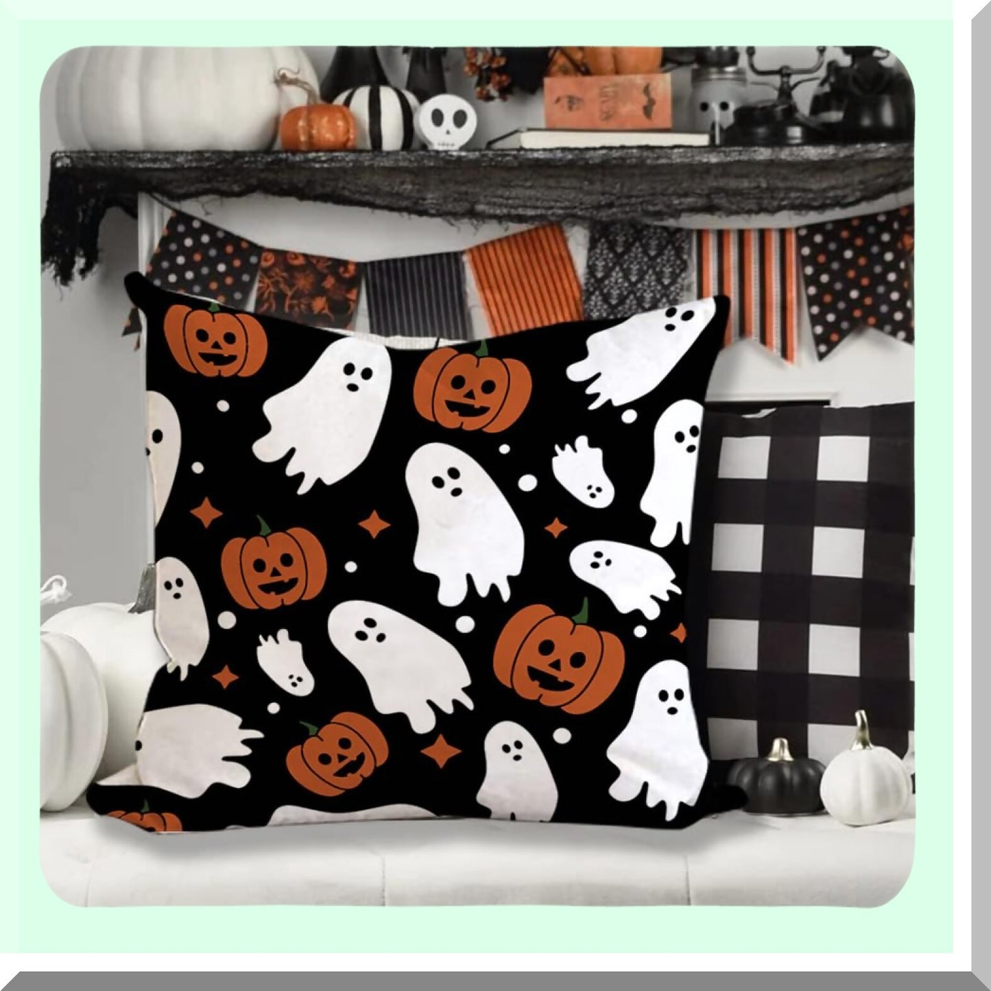 Spooky Harvest Linen Pillowcase - Halloween Farmhouse Throw Pillow Cover 18x18 Inch for Indoor Outdoor Home Sofa Decor - Ghost Pumpkins Couch Cushion Case