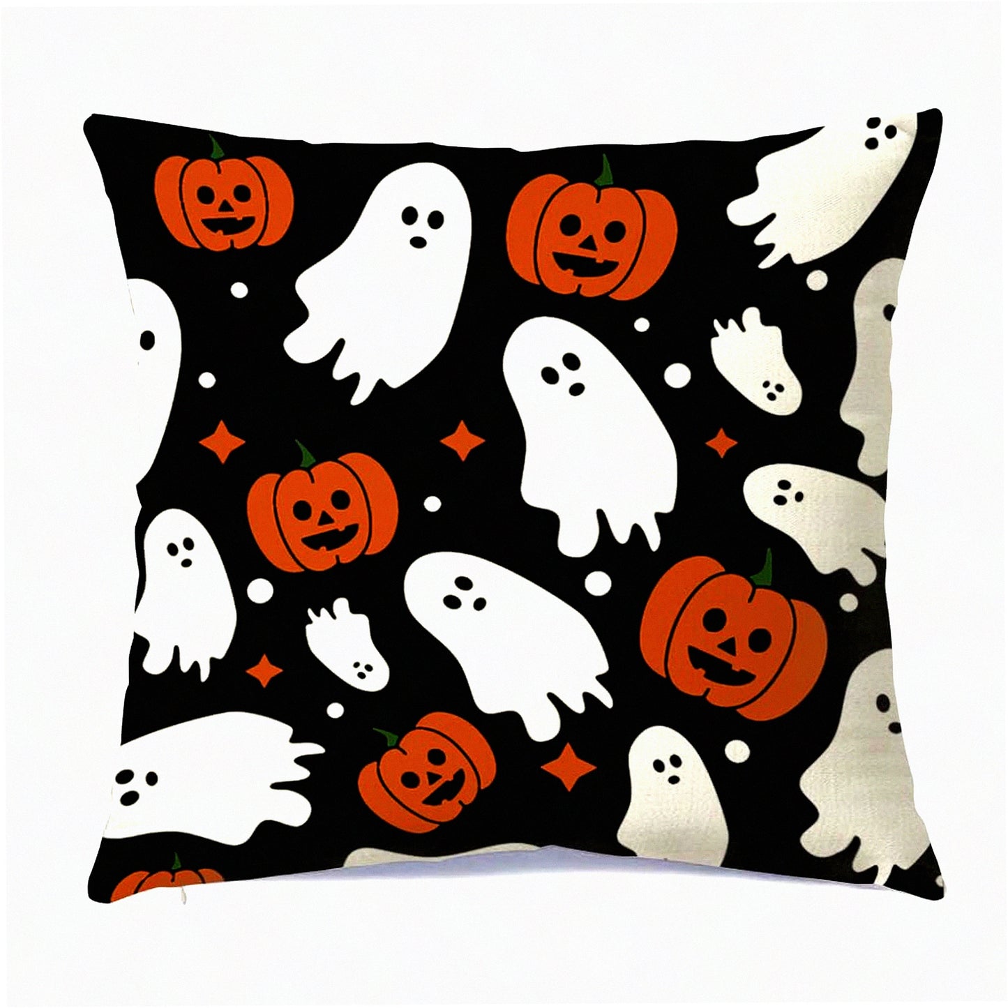 Spooky Harvest Linen Pillowcase - Halloween Farmhouse Throw Pillow Cover 18x18 Inch for Indoor Outdoor Home Sofa Decor - Ghost Pumpkins Couch Cushion Case