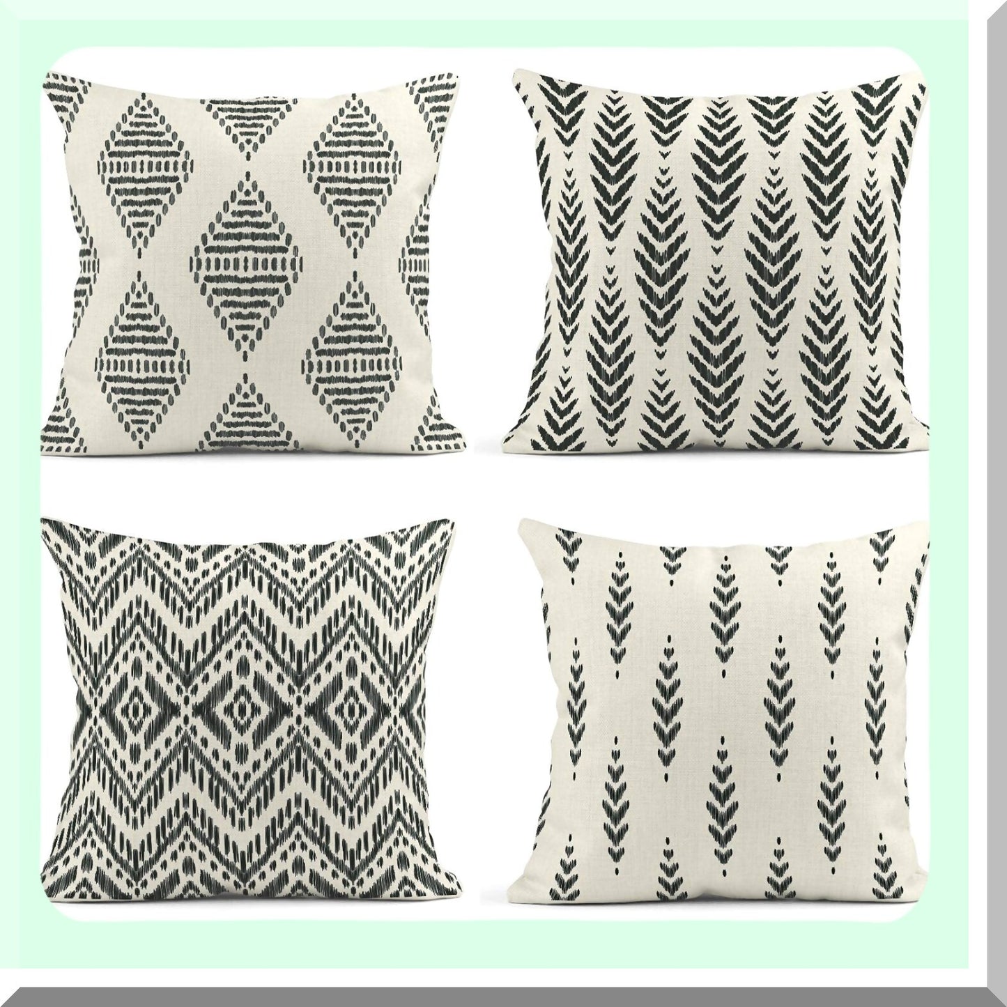 Boho Ikat Tribal Herringbone Pillow Covers - Set of 4 | Ethnic Bohemian Decorative Linen Cases for Home Ideas | Square 18x18 Inches Pillowcases