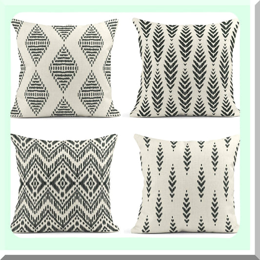 Boho Ikat Tribal Herringbone Pillow Covers - Set of 4 | Ethnic Bohemian Decorative Linen Cases for Home Ideas | Square 18x18 Inches Pillowcases