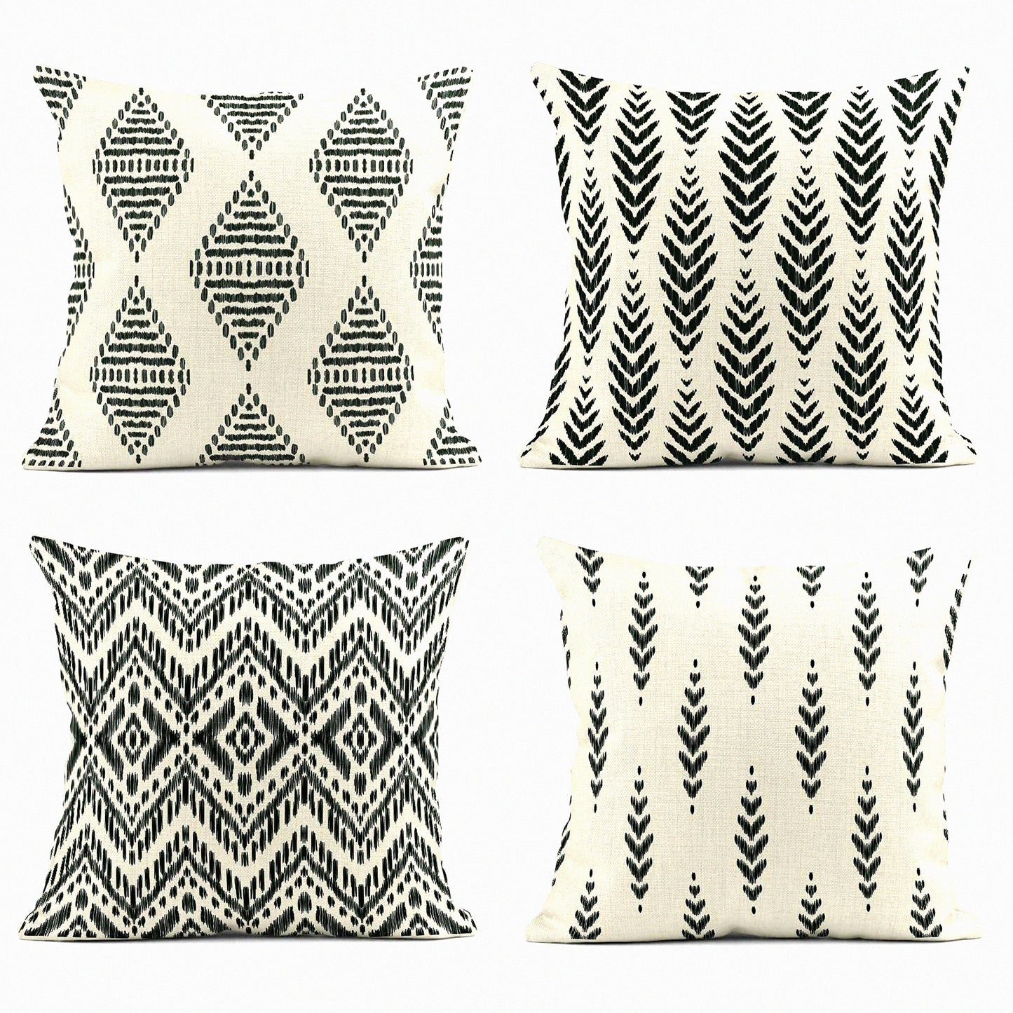 Boho Ikat Tribal Herringbone Pillow Covers - Set of 4 | Ethnic Bohemian Decorative Linen Cases for Home Ideas | Square 18x18 Inches Pillowcases