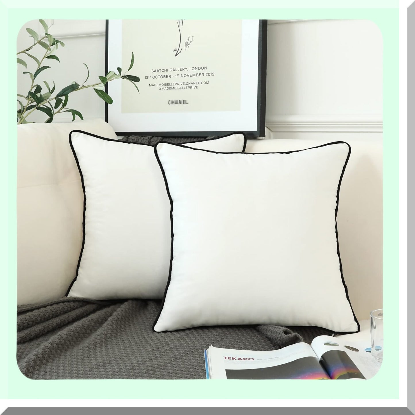 Velvet Black Rope Edge Throw Pillow Covers - Modern Minimalist Style Decorative Cushion Cases for Sofa & Bedroom - Soft Square Dcor, Set of 2, 18x18"