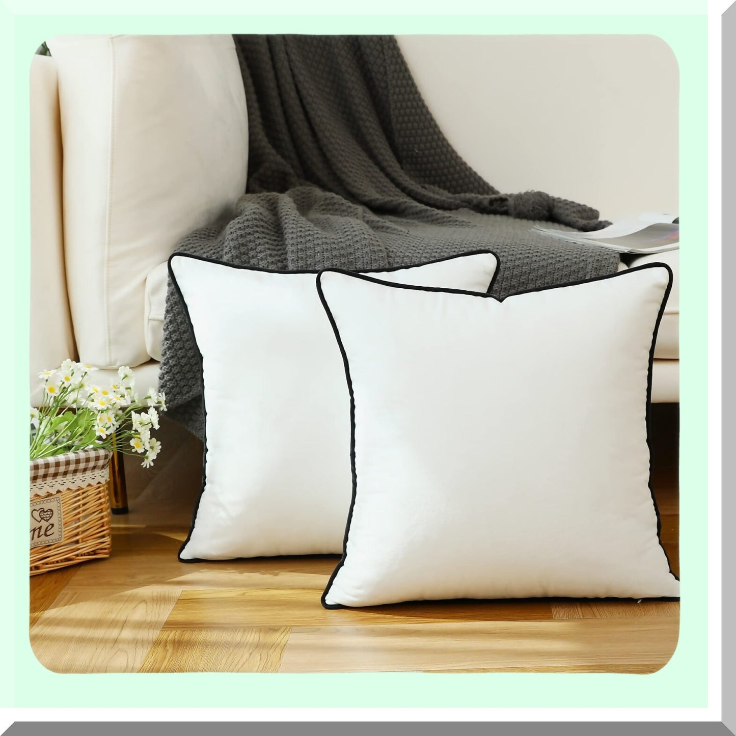 Velvet Black Rope Edge Throw Pillow Covers - Modern Minimalist Style Decorative Cushion Cases for Sofa & Bedroom - Soft Square Dcor, Set of 2, 18x18"