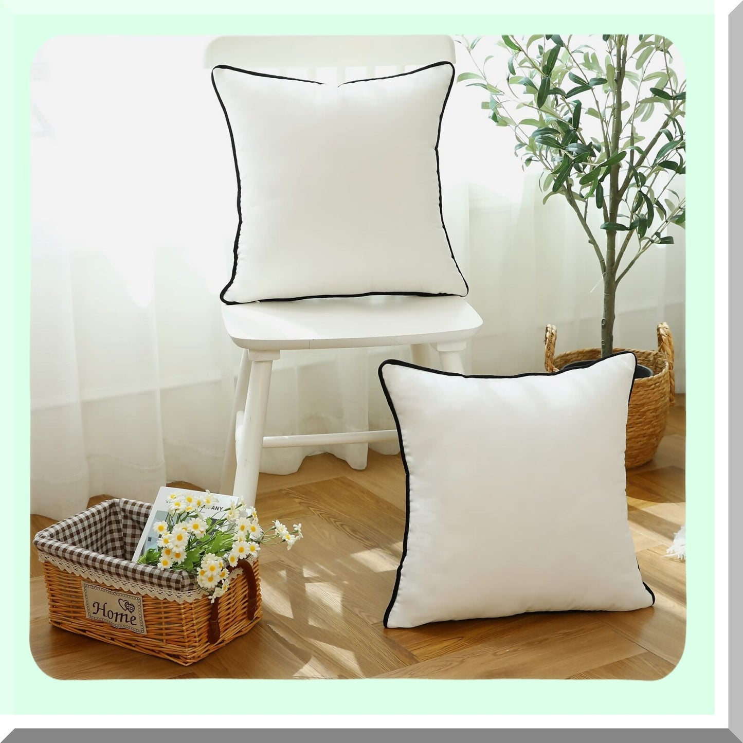 Velvet Black Rope Edge Throw Pillow Covers - Modern Minimalist Style Decorative Cushion Cases for Sofa & Bedroom - Soft Square Dcor, Set of 2, 18x18"