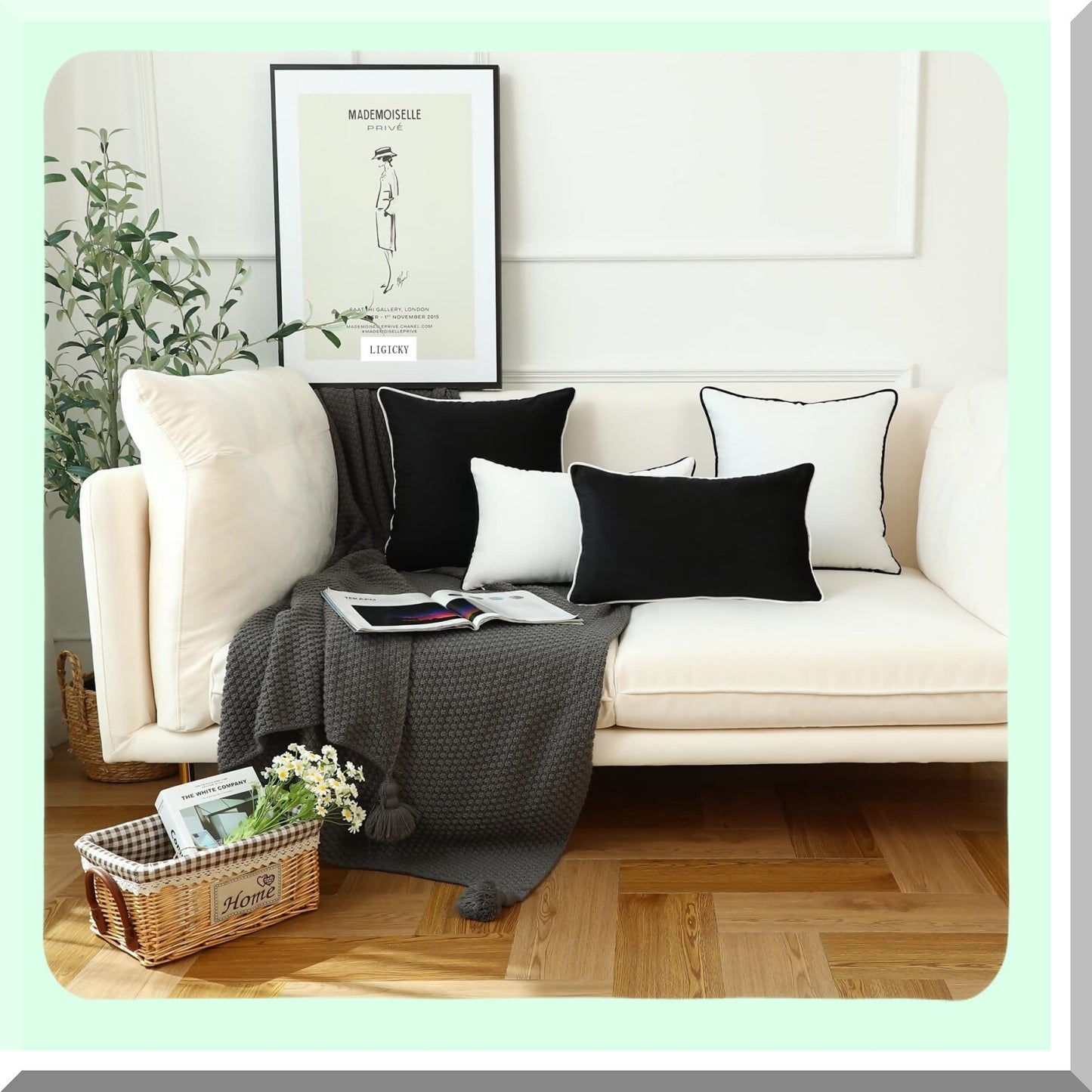 Velvet Black Rope Edge Throw Pillow Covers - Modern Minimalist Style Decorative Cushion Cases for Sofa & Bedroom - Soft Square Dcor, Set of 2, 18x18"