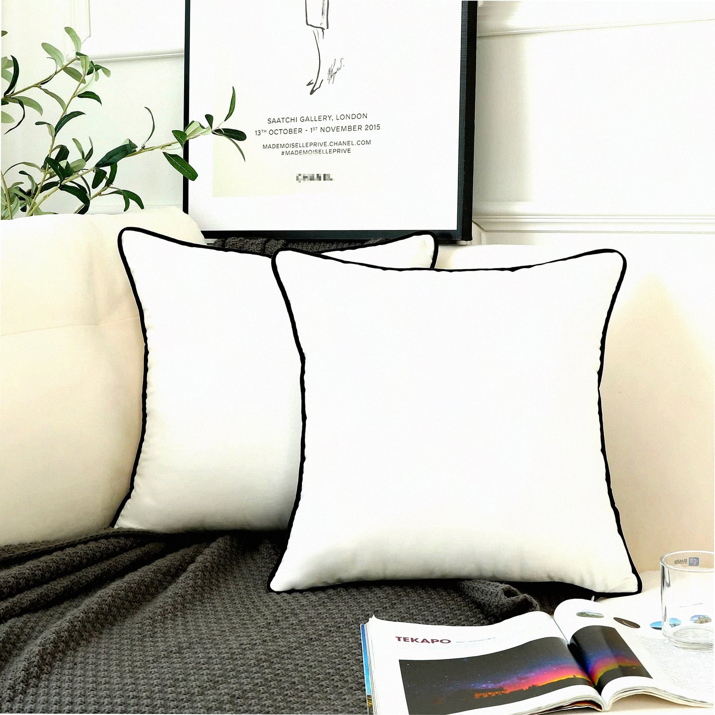 Velvet Black Rope Edge Throw Pillow Covers - Modern Minimalist Style Decorative Cushion Cases for Sofa & Bedroom - Soft Square Dcor, Set of 2, 18x18"