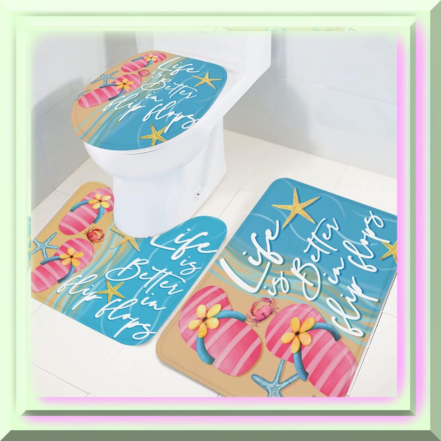 3Pcs Summer Beach Pink Slipper Bathroom Rugs