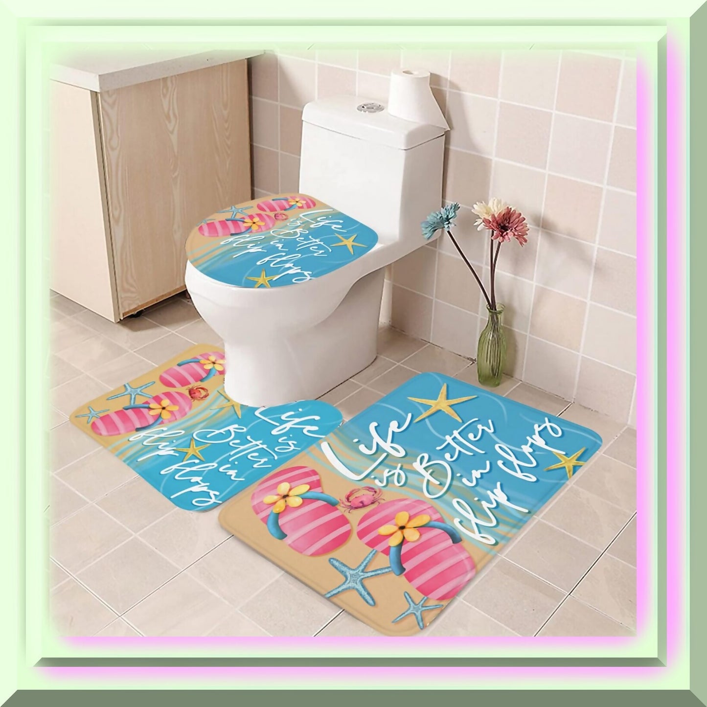 3Pcs Summer Beach Pink Slipper Bathroom Rugs