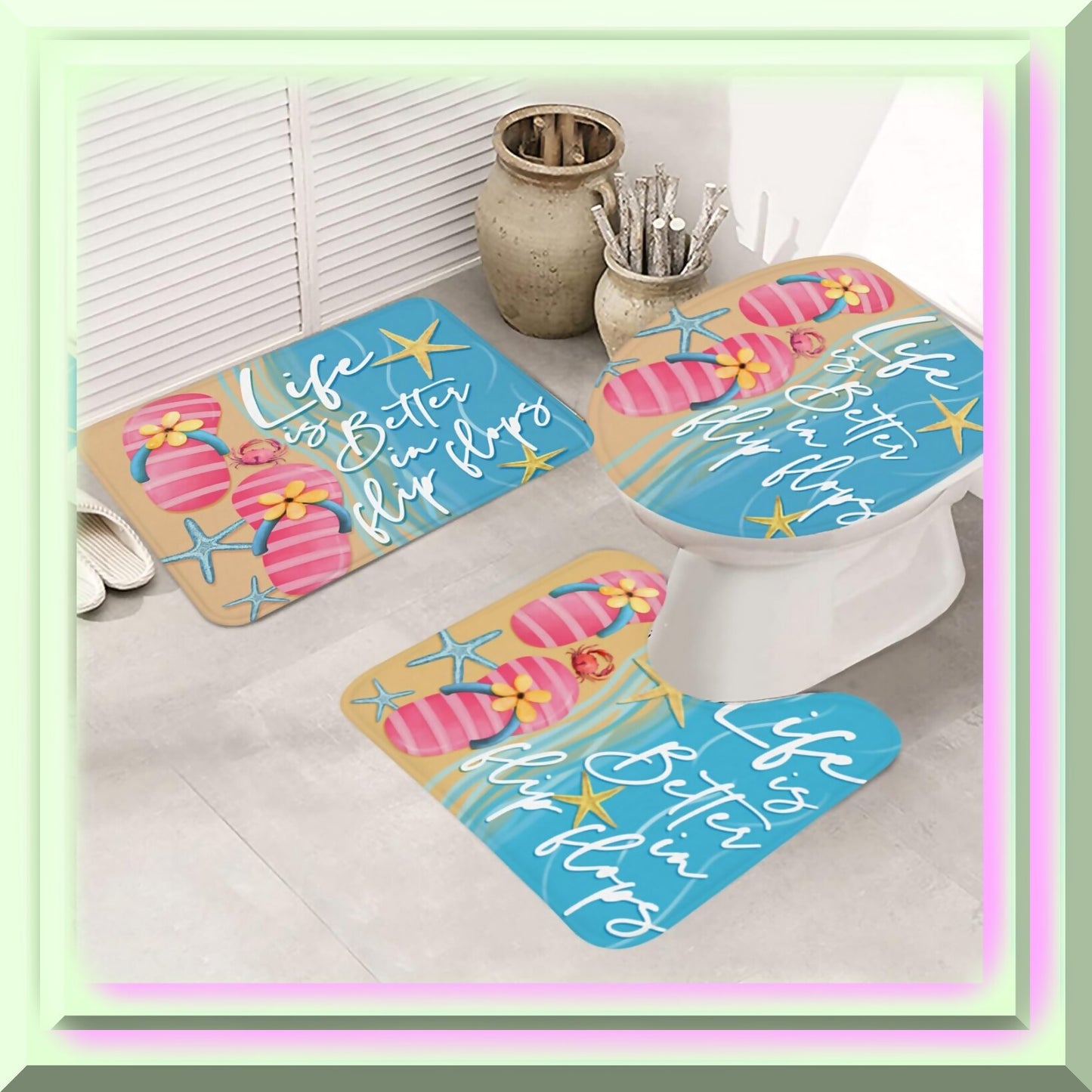 3Pcs Summer Beach Pink Slipper Bathroom Rugs