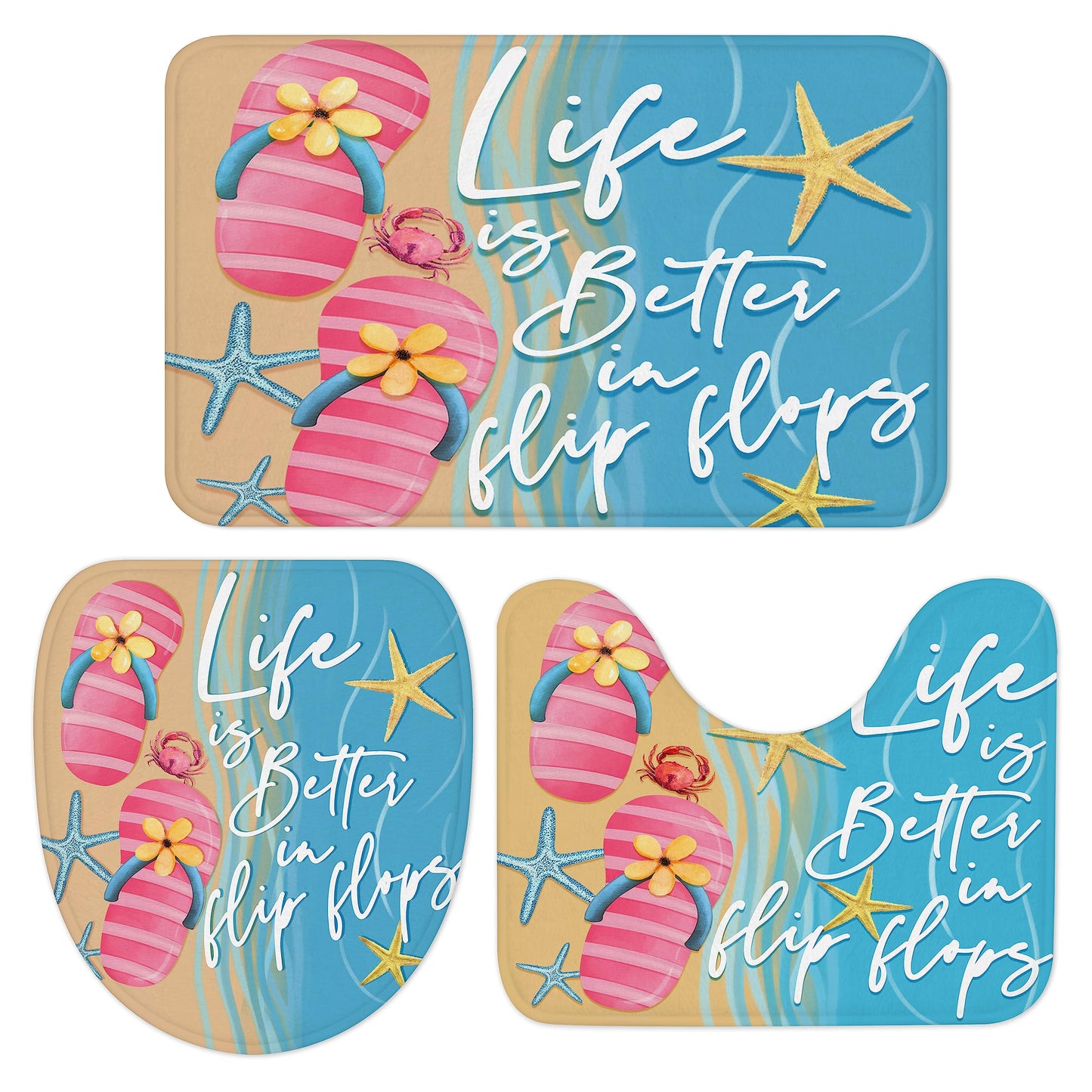 3Pcs Summer Beach Pink Slipper Bathroom Rugs