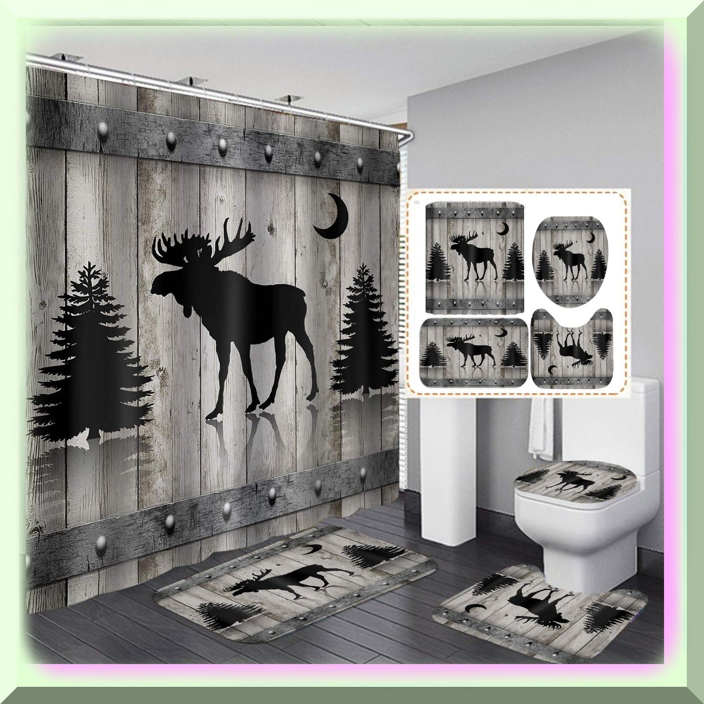 Black Rustic Deer Fabric Shower Curtain Set with Mats