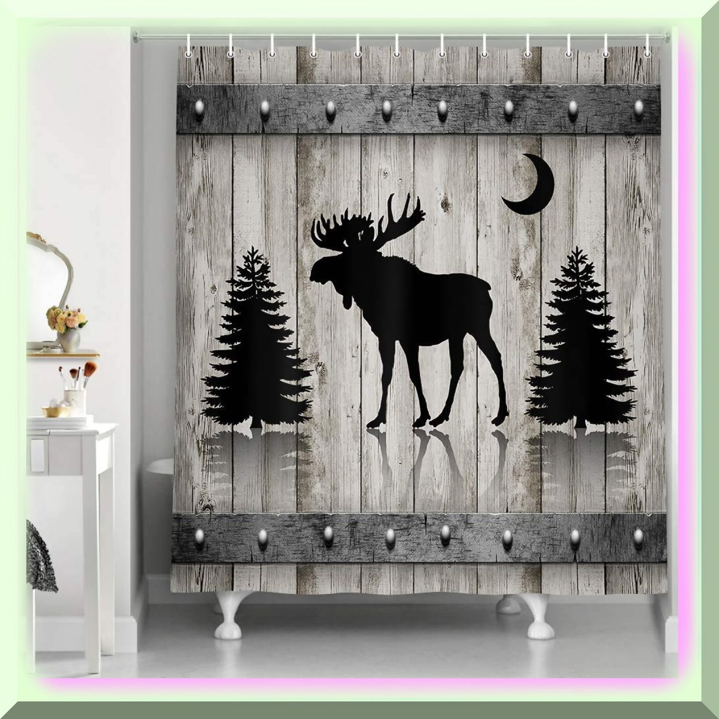 Black Rustic Deer Fabric Shower Curtain Set with Mats