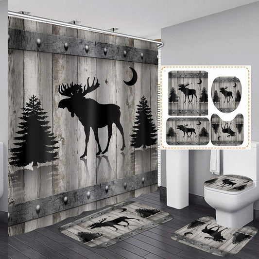 Black Rustic Deer Fabric Shower Curtain Set with Mats