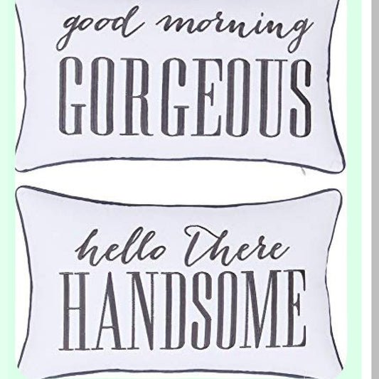 Embroidered Lumbar Decorative Pillow Cover Set - Newlyweds Gift - Bedroom Decor - Ivory - 12x20 Inches - Hello Handsome Good Morning Gorgeous