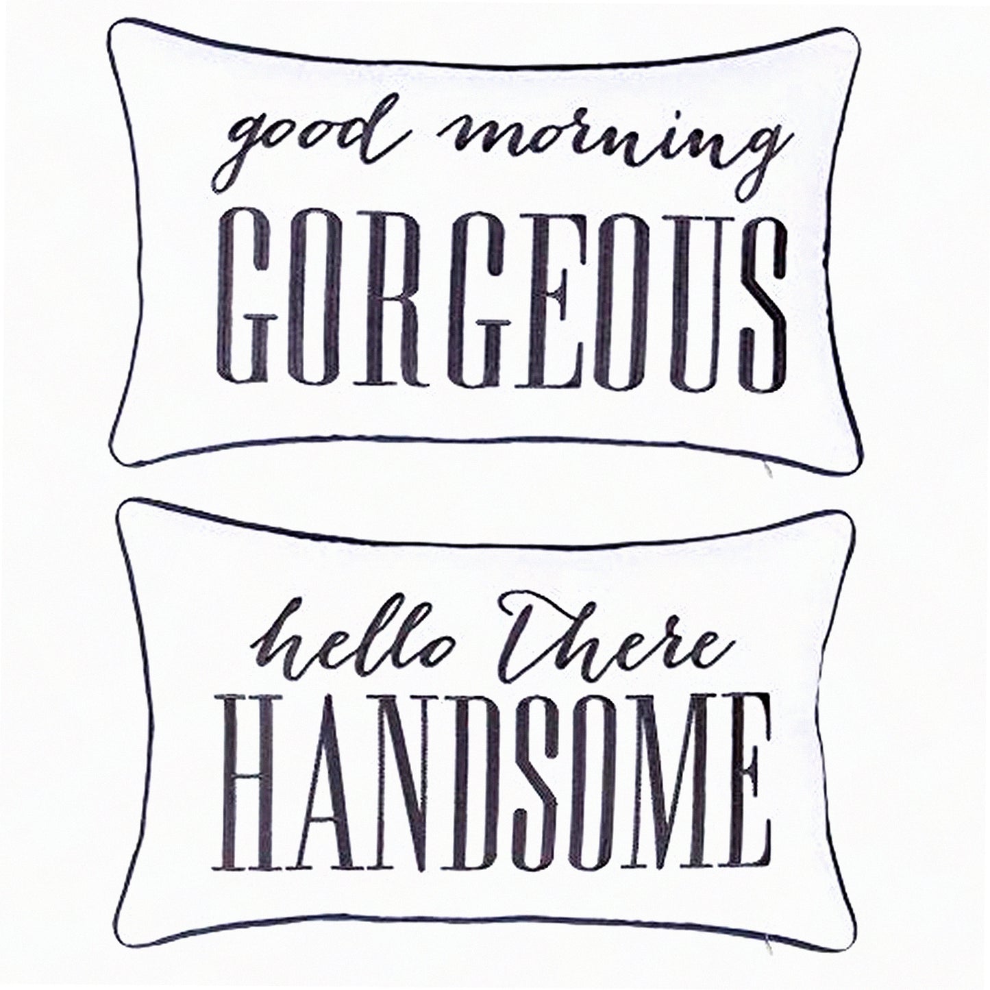 Embroidered Lumbar Decorative Pillow Cover Set - Newlyweds Gift - Bedroom Decor - Ivory - 12x20 Inches - Hello Handsome Good Morning Gorgeous