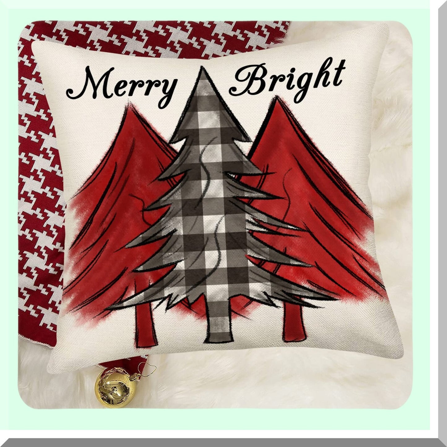 Winter Wonderland Plaid Pillow Covers - Festive Farmhouse Decor for Christmas - Black & White Checked Xmas Tree Cushion Cases - 18x18 Inch Cotton Linen Outdoor Throw Pillows