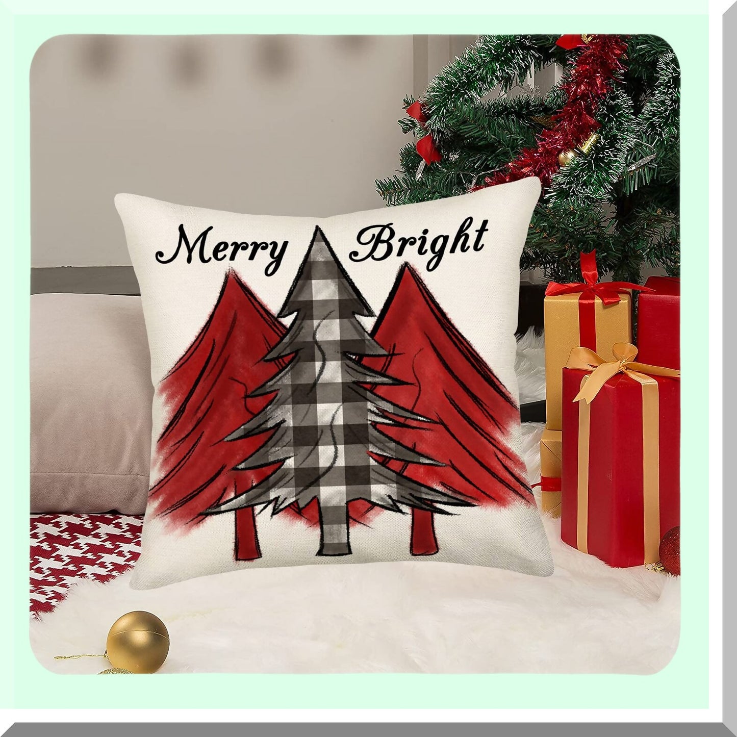 Winter Wonderland Plaid Pillow Covers - Festive Farmhouse Decor for Christmas - Black & White Checked Xmas Tree Cushion Cases - 18x18 Inch Cotton Linen Outdoor Throw Pillows